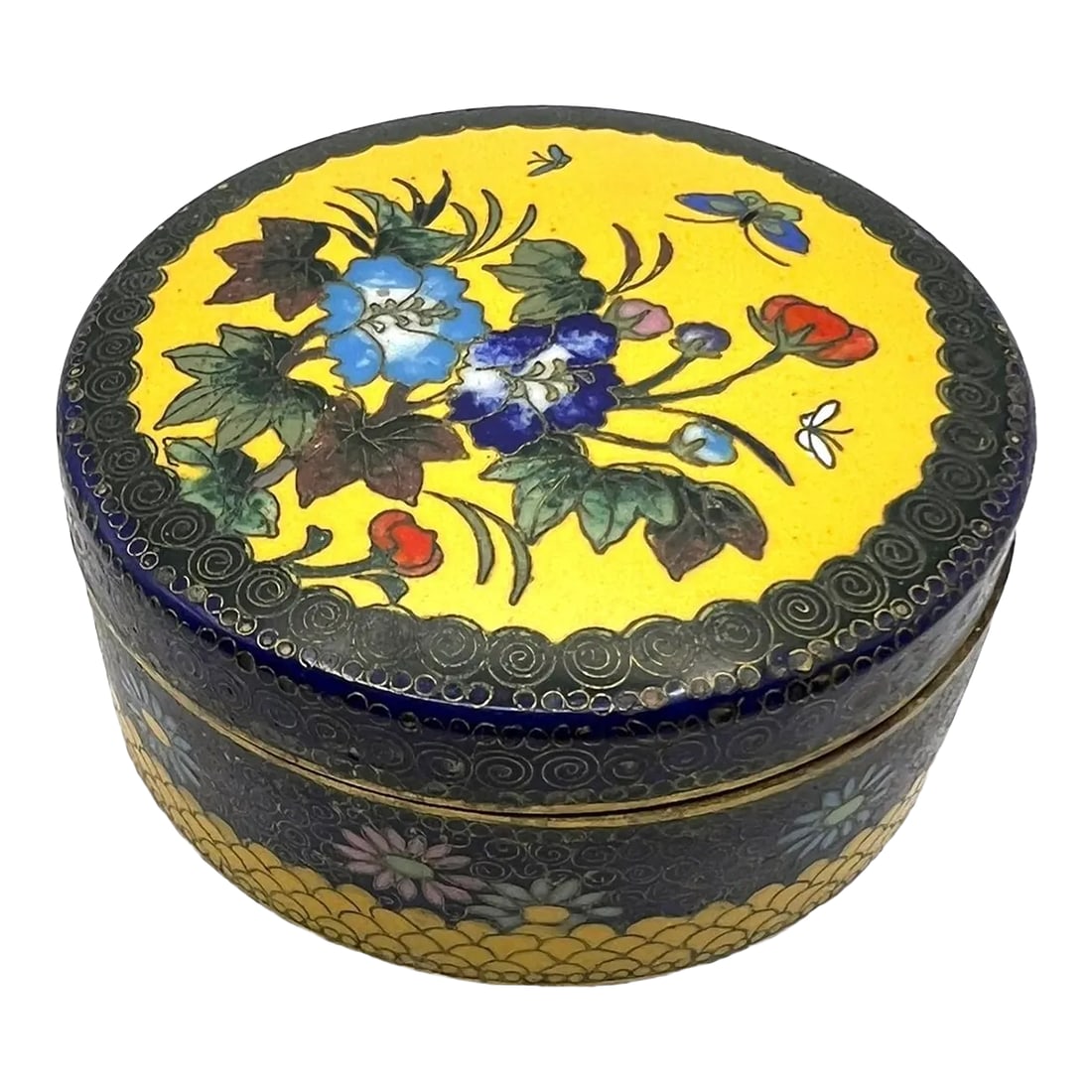 Antique Japanese Cloisonne Box With Morning Glory Flowers: Morning glory, a wonderful English name for this flower that grew wild in my childhood home, of which several of these flowers are so beautifully captured on this cloisonne box. The yellow background