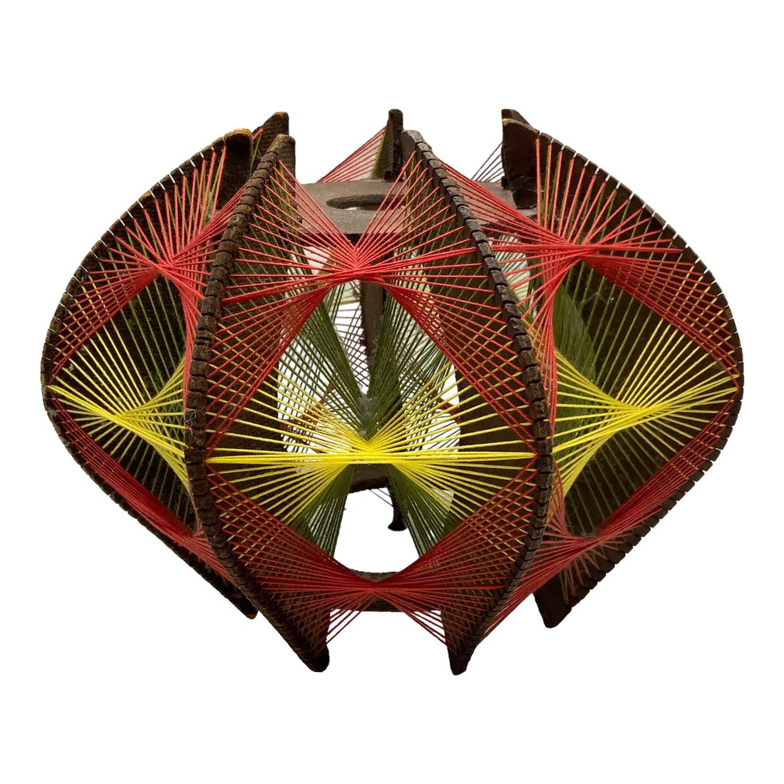 Vintage String Art Pendant, Wood, Cotton in Orange/Red, Green, Yellow, 1970s (1 of 9)