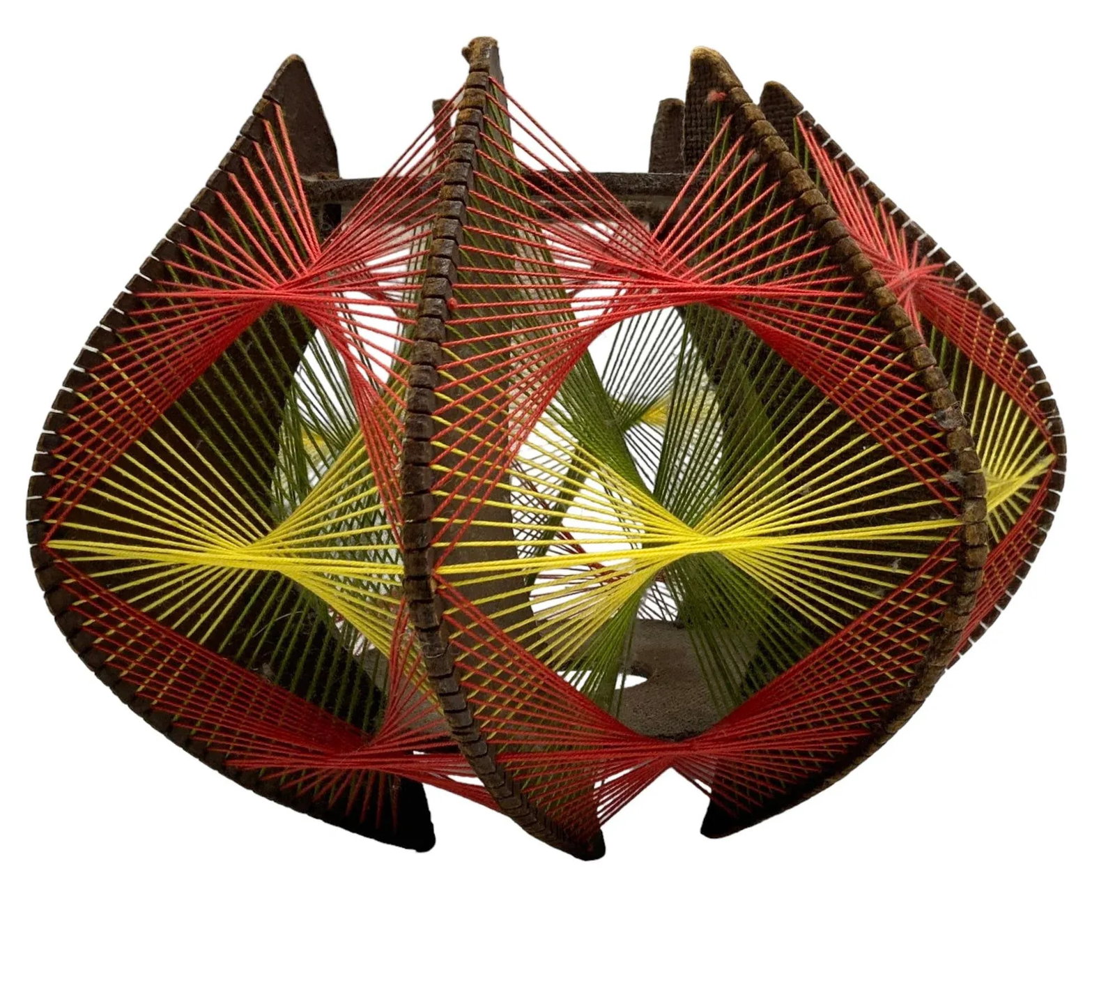 Vintage String Art Pendant, Wood, Cotton in Orange/Red, Green, Yellow, 1970s - 2