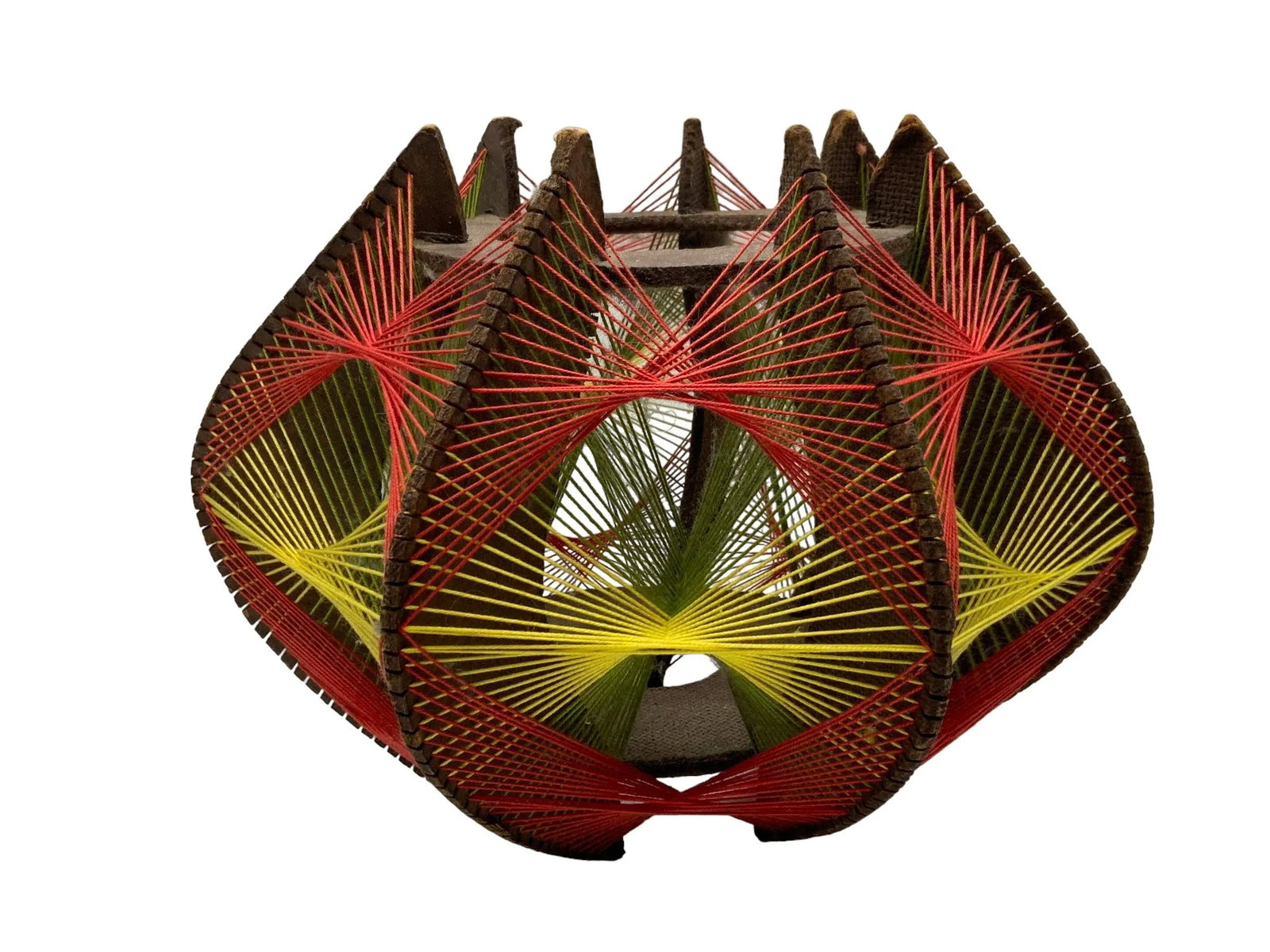 Vintage String Art Pendant, Wood, Cotton in Orange/Red, Green, Yellow, 1970s - 3
