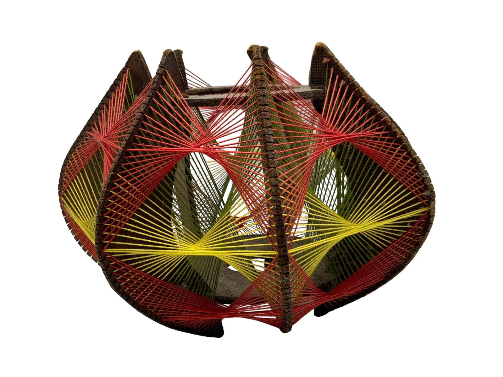 Vintage String Art Pendant, Wood, Cotton in Orange/Red, Green, Yellow, 1970s - 4
