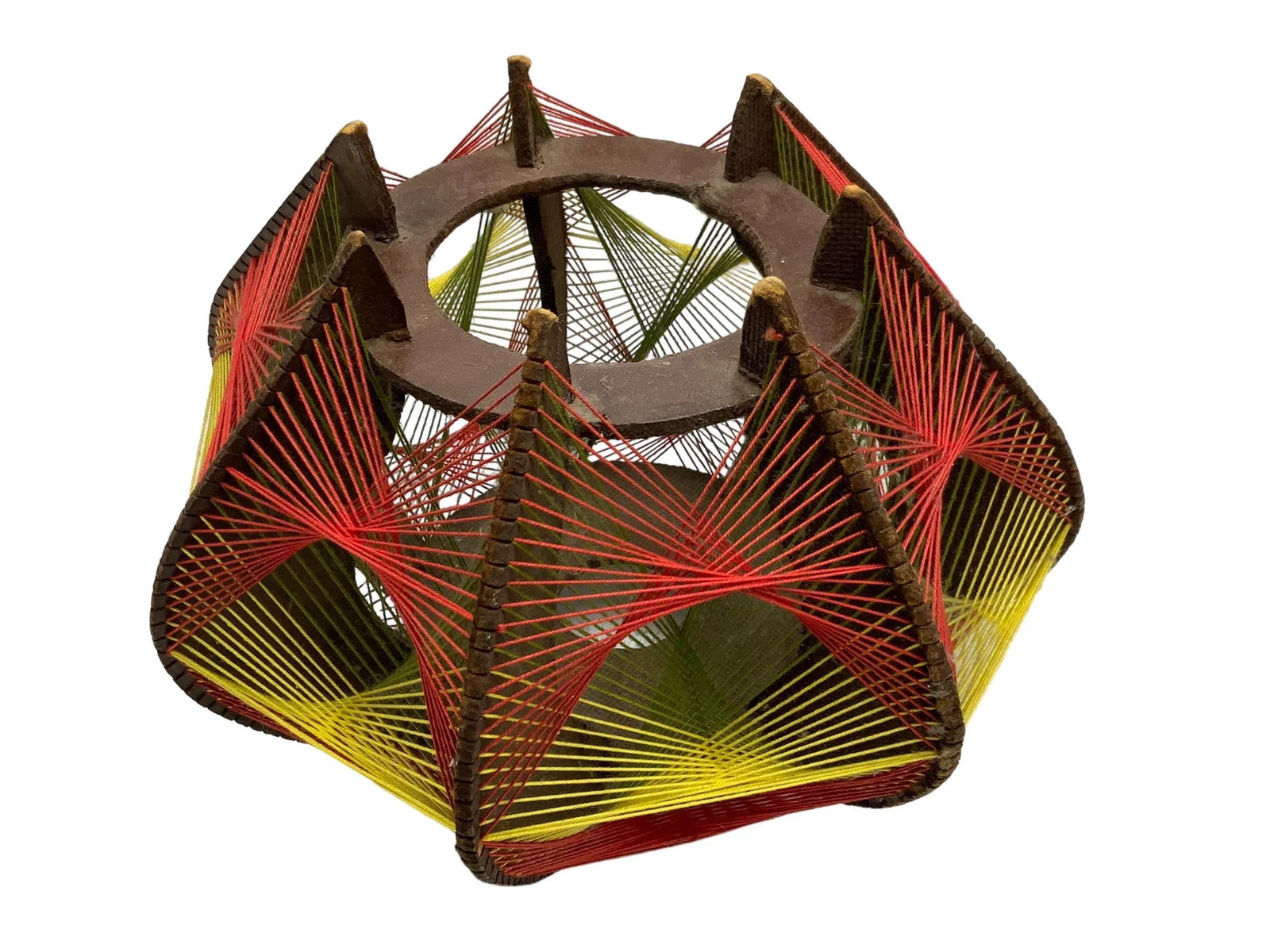 Vintage String Art Pendant, Wood, Cotton in Orange/Red, Green, Yellow, 1970s - 5