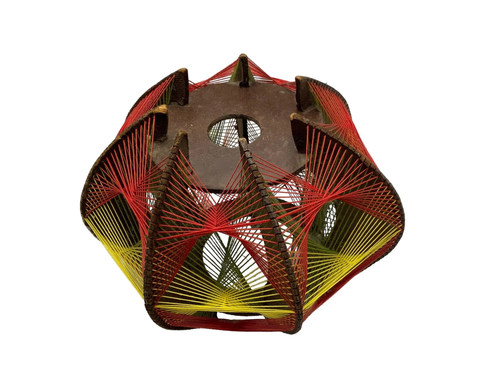 Vintage String Art Pendant, Wood, Cotton in Orange/Red, Green, Yellow, 1970s - 7