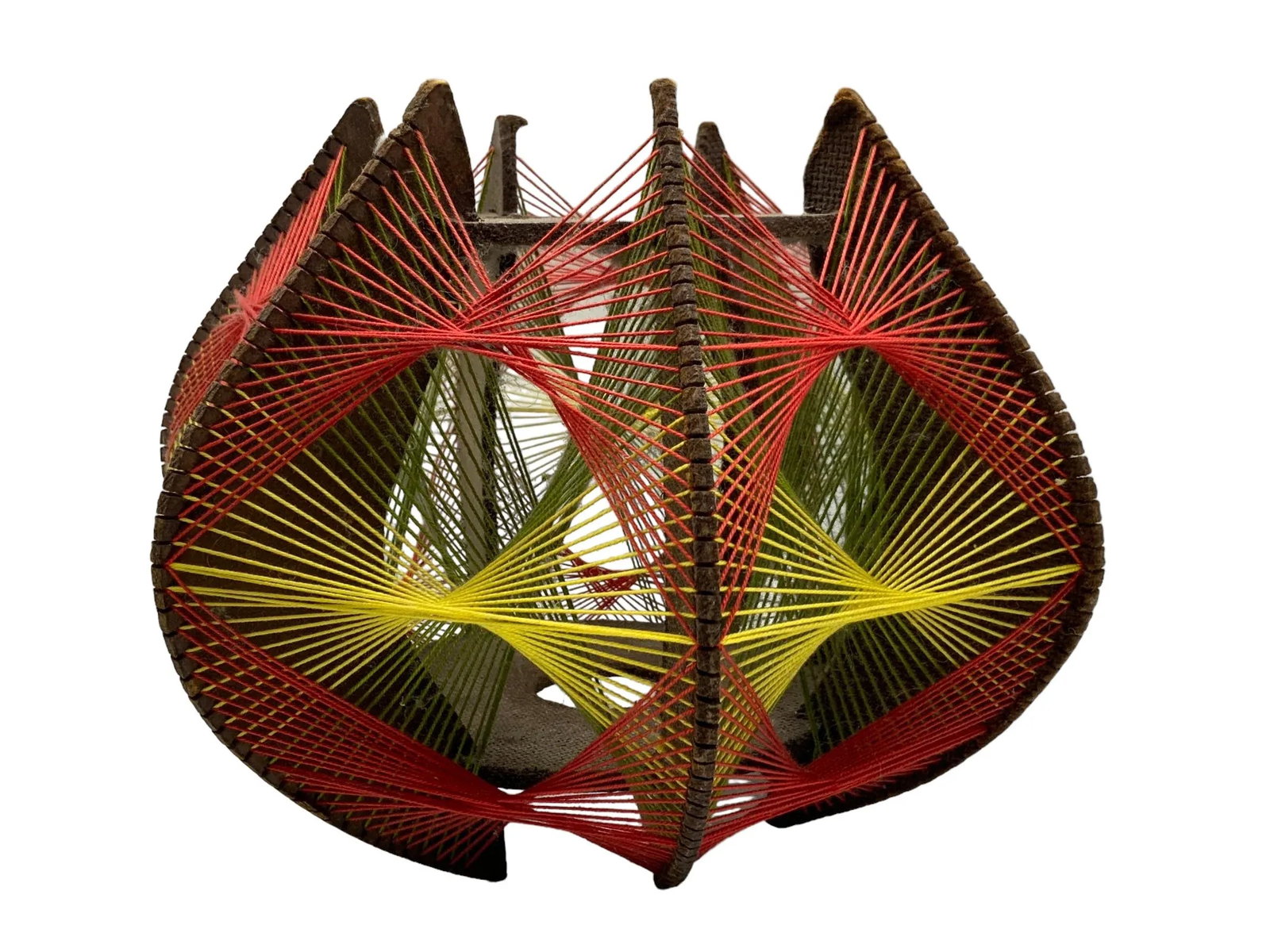 Vintage String Art Pendant, Wood, Cotton in Orange/Red, Green, Yellow, 1970s - 8