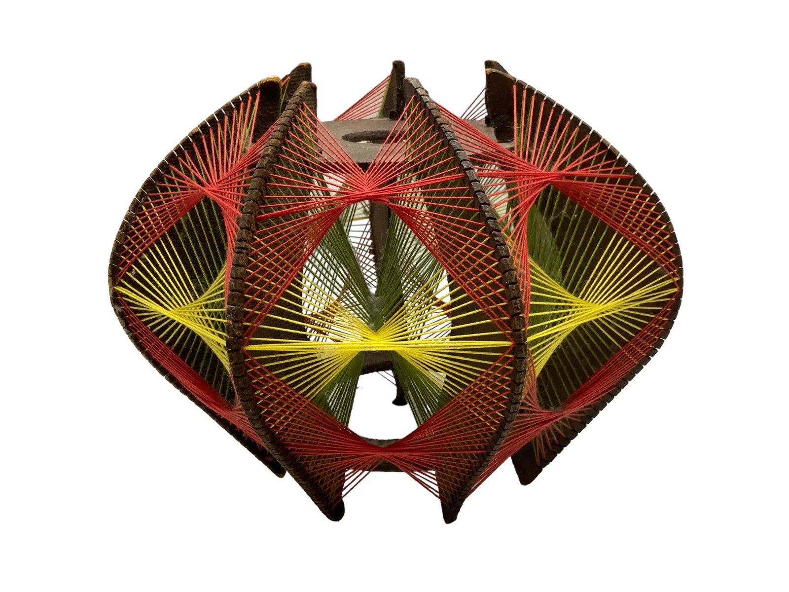 Vintage String Art Pendant, Wood, Cotton in Orange/Red, Green, Yellow, 1970s - 9