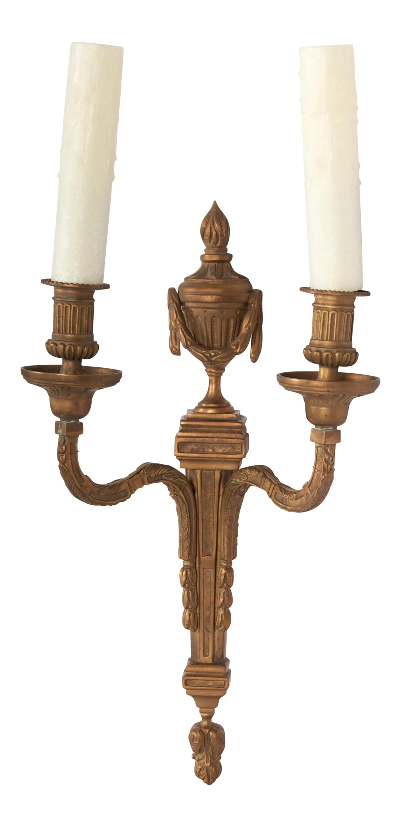 Patinated Bronze Two-Light Classical Sconce: A fine patinated bronze two light sconce, waxed sleeves, ready for direct mount. Condition: Alterations: Original Condition Unaltered Imperfections: Some Imperfections Condition Notes: Excellent - Min