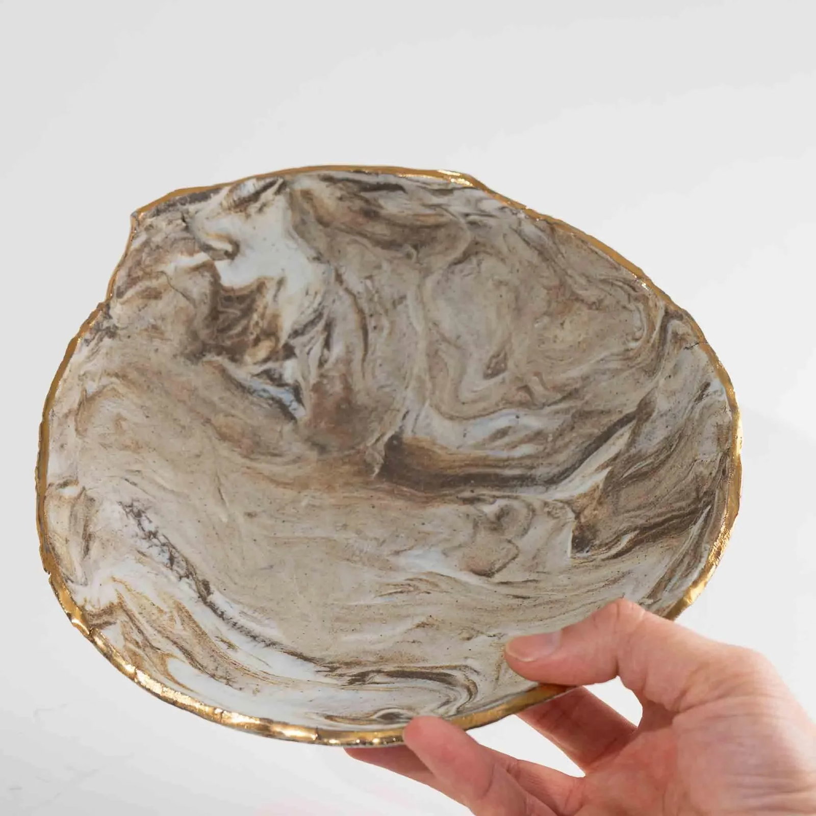 Vintage Tan and Off White Marbled Studio Pottery Bowl - 12