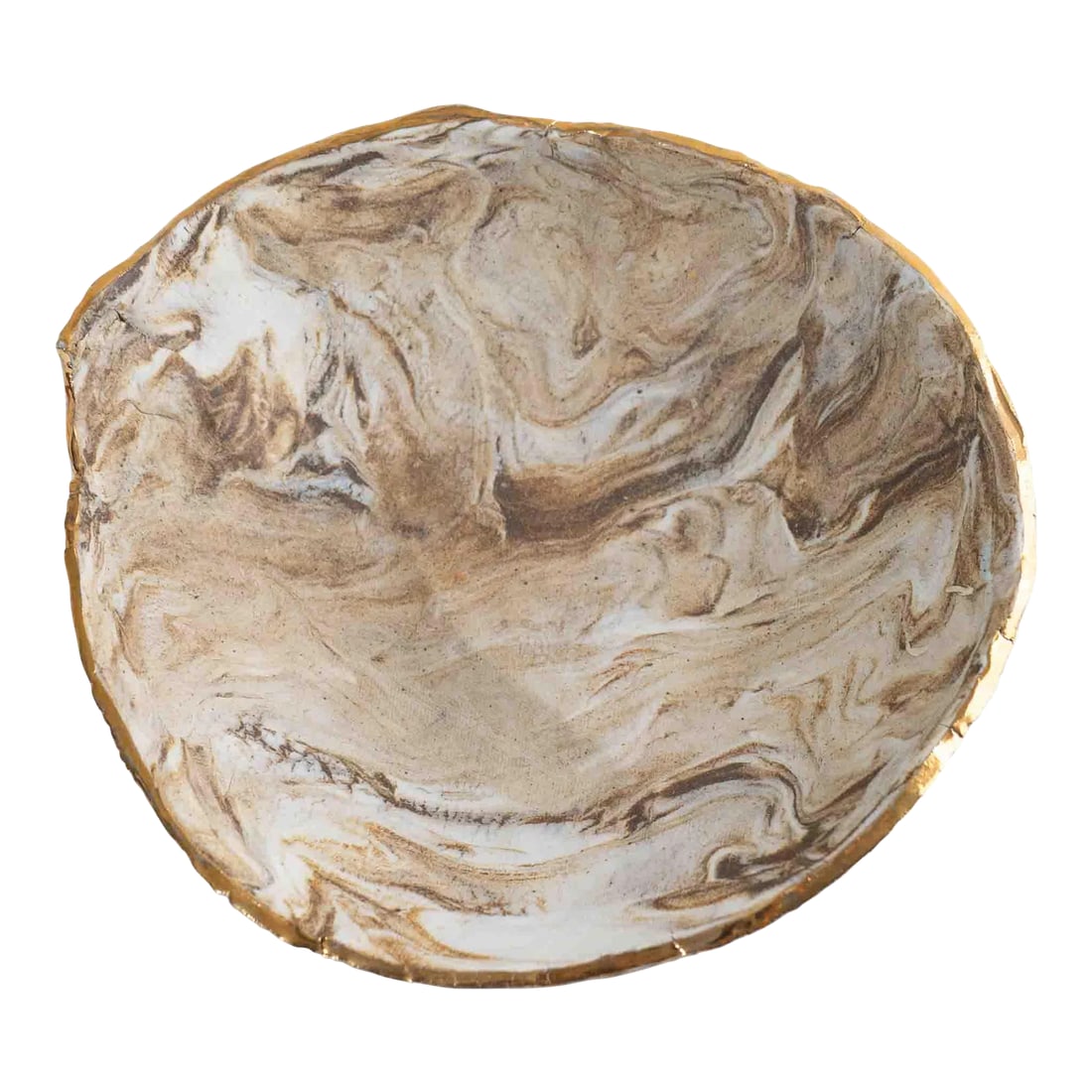 Vintage Tan and Off White Marbled Studio Pottery Bowl: Unique handcrafted ceramic bowl with marbled tan/off-white glaze, gold metallic rimmed edge. Signed "B. Holzke". Organic marbling pattern varies. Circa: 1980s - 1990s Condition: Excellent. Normal