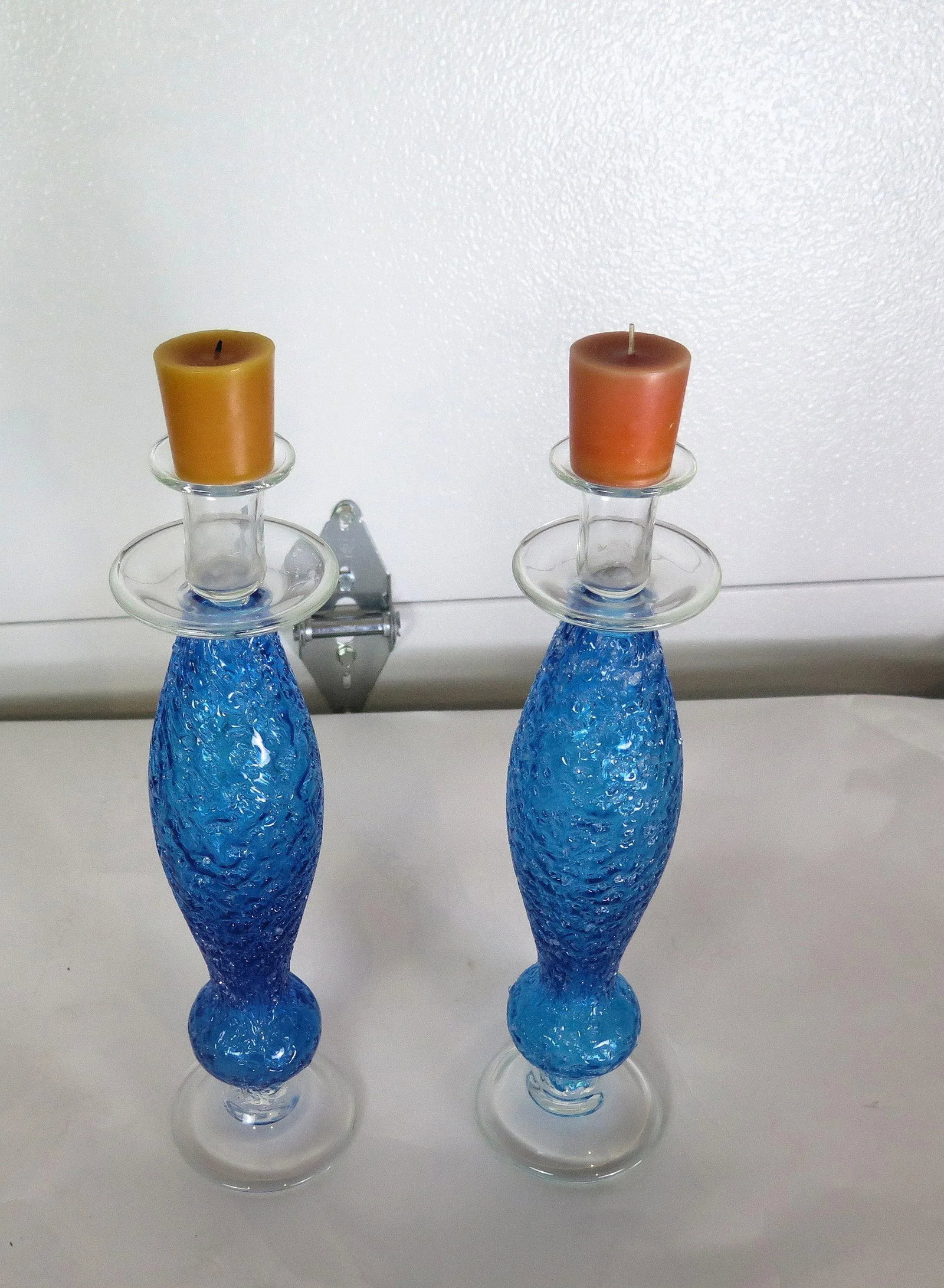 Rare Mid Century Modern Cobalt Blue Spun Glass 15" Candle Holders-A Pair - 2