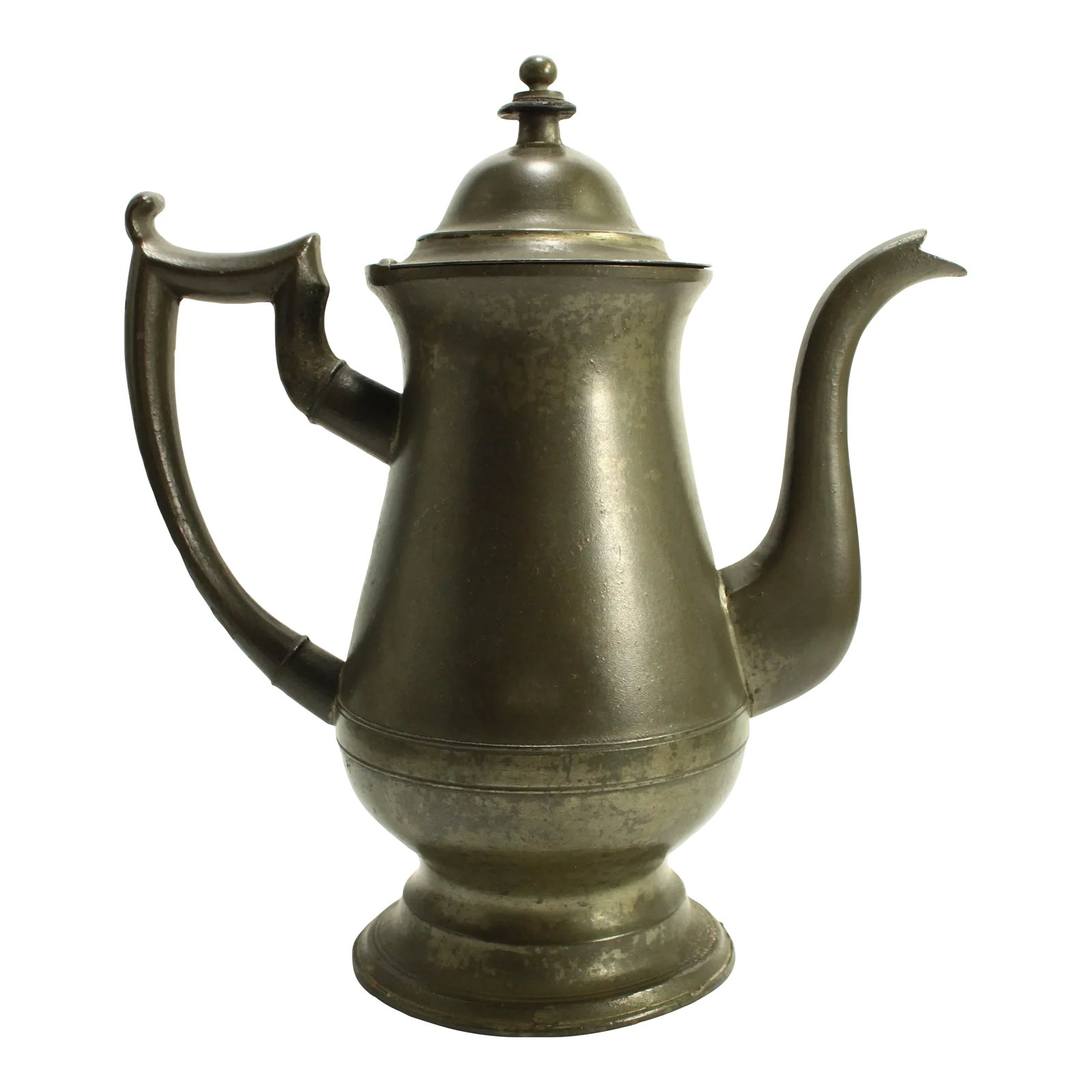 Circa 1830 American Pewter Coffeepot Tea Pot Boardman & Co New York, Marked: A beautiful early pewter coffeepot or teapot Elegant baluster shape on a raised base Nicely curved spout and distinctive handle Hinged lid with ball finial, insulated with wooden ring It has a