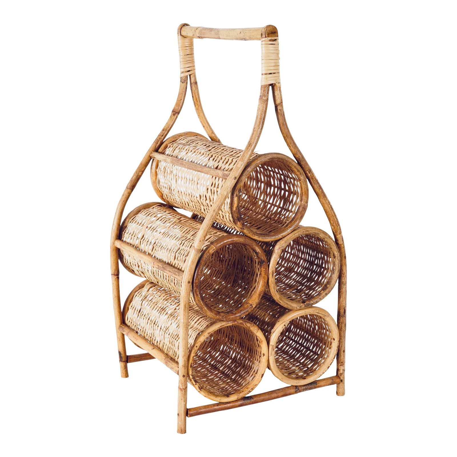 Mid 20th Century Rattan & Bamboo Wine Rack: Mid Century hand bent rattan and bamboo with capacity to hold five bottles. Condition: Alterations: Original Condition Unaltered Imperfections: Some Imperfections Condition Notes: Good