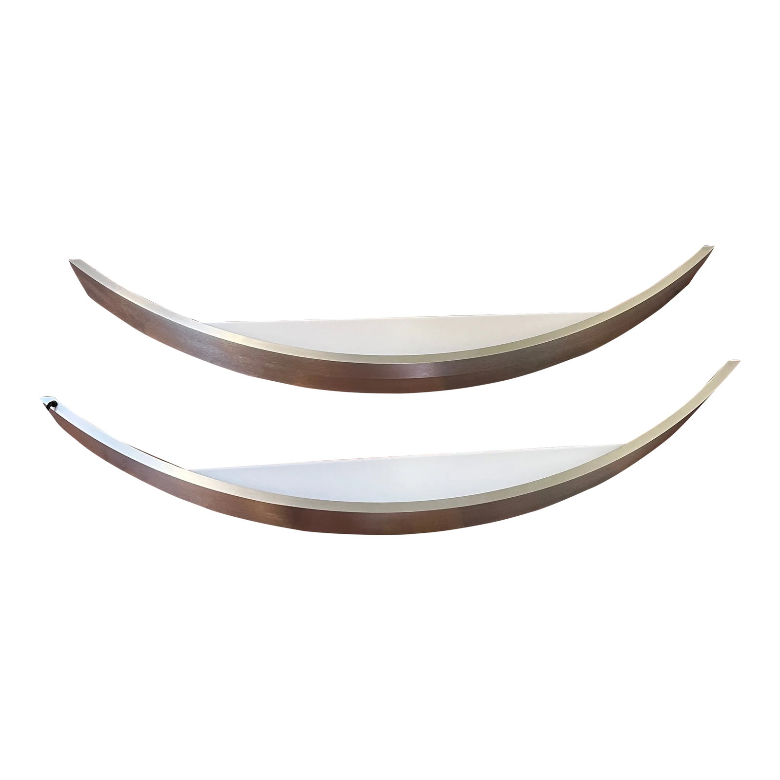 Pair 1970s Large Silver Satin Chrome Demilune Minimalist Wall Lights: A pair of simple stunning satin chrome demilune wall lights. These lights are large measuring 41" wide, 4" tall, and 8.25" inches deep from front of the light to the wall. Each light takes two bulbs (
