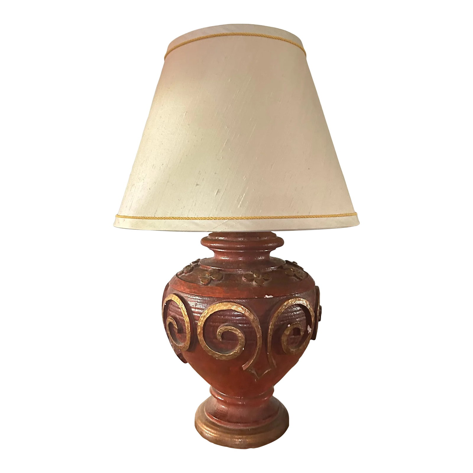1960's Terra Cotta and Gold Italian Plaster Zaccagnini Style Table Lamp: This mid-twentieth century table lamp was inspired by the Italian design of Zaccagnini Ming Pottery.. The heavy plaster lamp base is in a classic ginger jar shape with a textured terra cotta finish