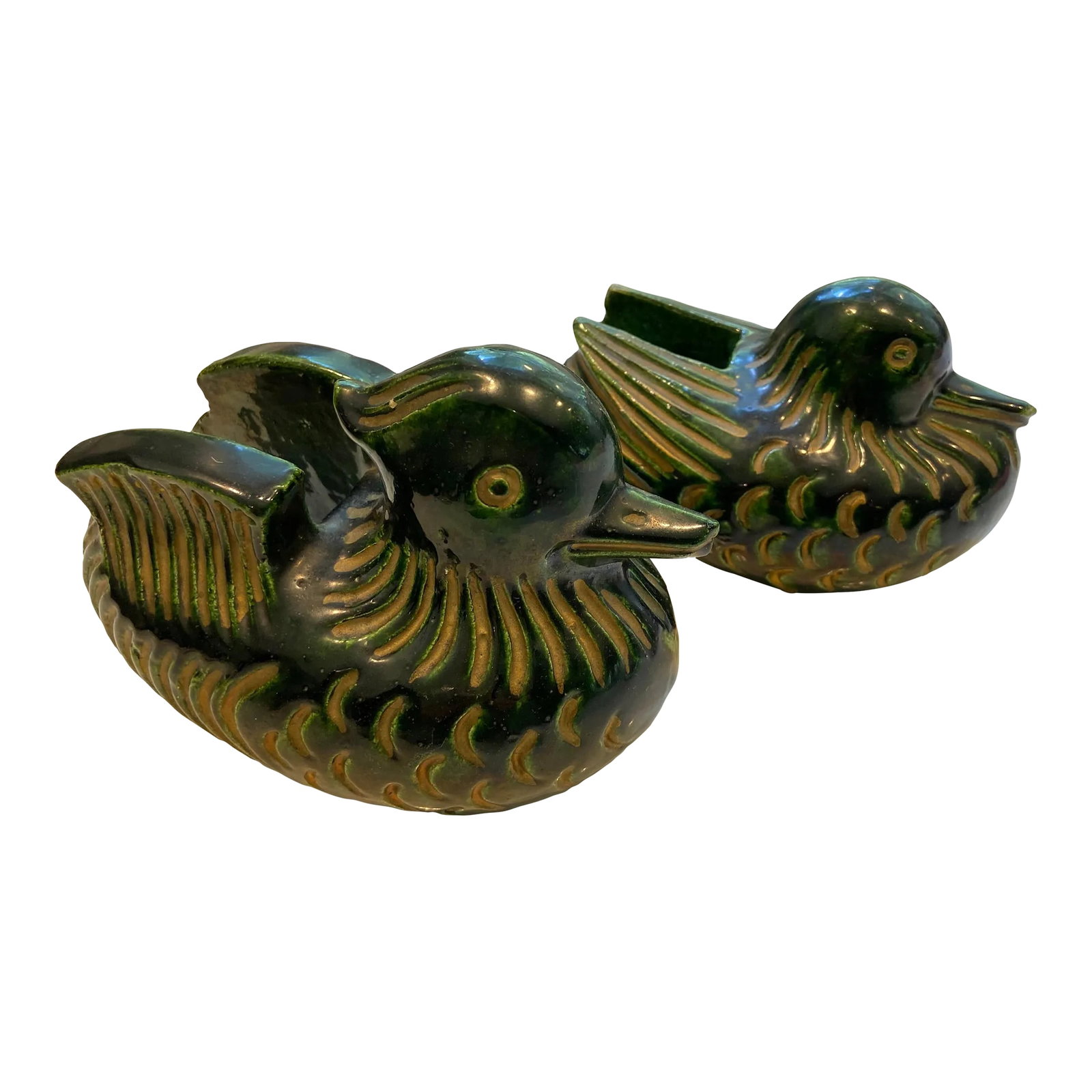 Mid 20th Century Japanese Mandarin Duck Screen Holders - a Pair: A beautiful pair of Japanese hand cast Mandarin Duck screen holders with fine detail estimated to be of the Taisho period Called byobu-hasami or byobu-osae, they were important in the summer when