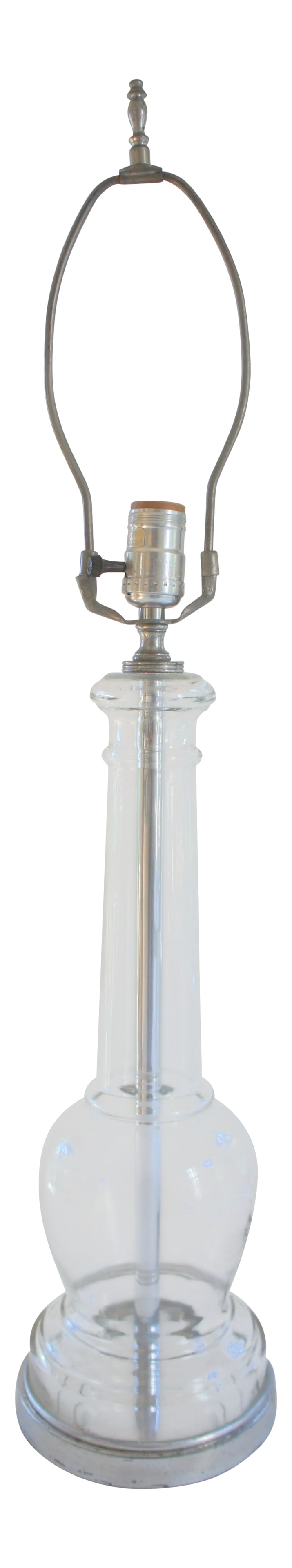Warren Kessler Glass and Chrome Baluster Table Lamp: Warren Kessler glass column table lamp of monumental proportions, featuring a silver colored base, hardware and finial. Glass shape reminiscent of a turned wood balustrade. Beautiful modern look.