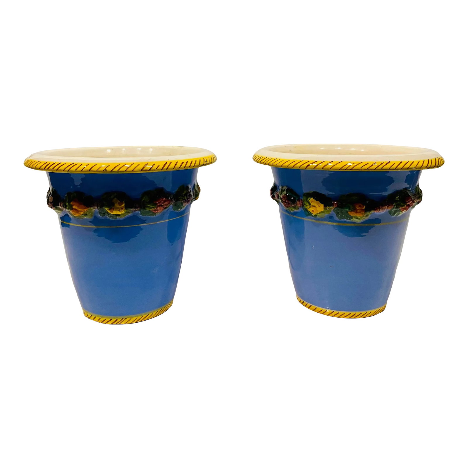 1970s Hand Painted Italian Red Ware Cache Pots- Set of 2: Offering a lovely pair of stunning Italian cachepots. Vibrant blue with a frieze of hand painted flowers encircling each, these evoke an Italian Tucson vibe. Rare find to find 2 together. Condition: