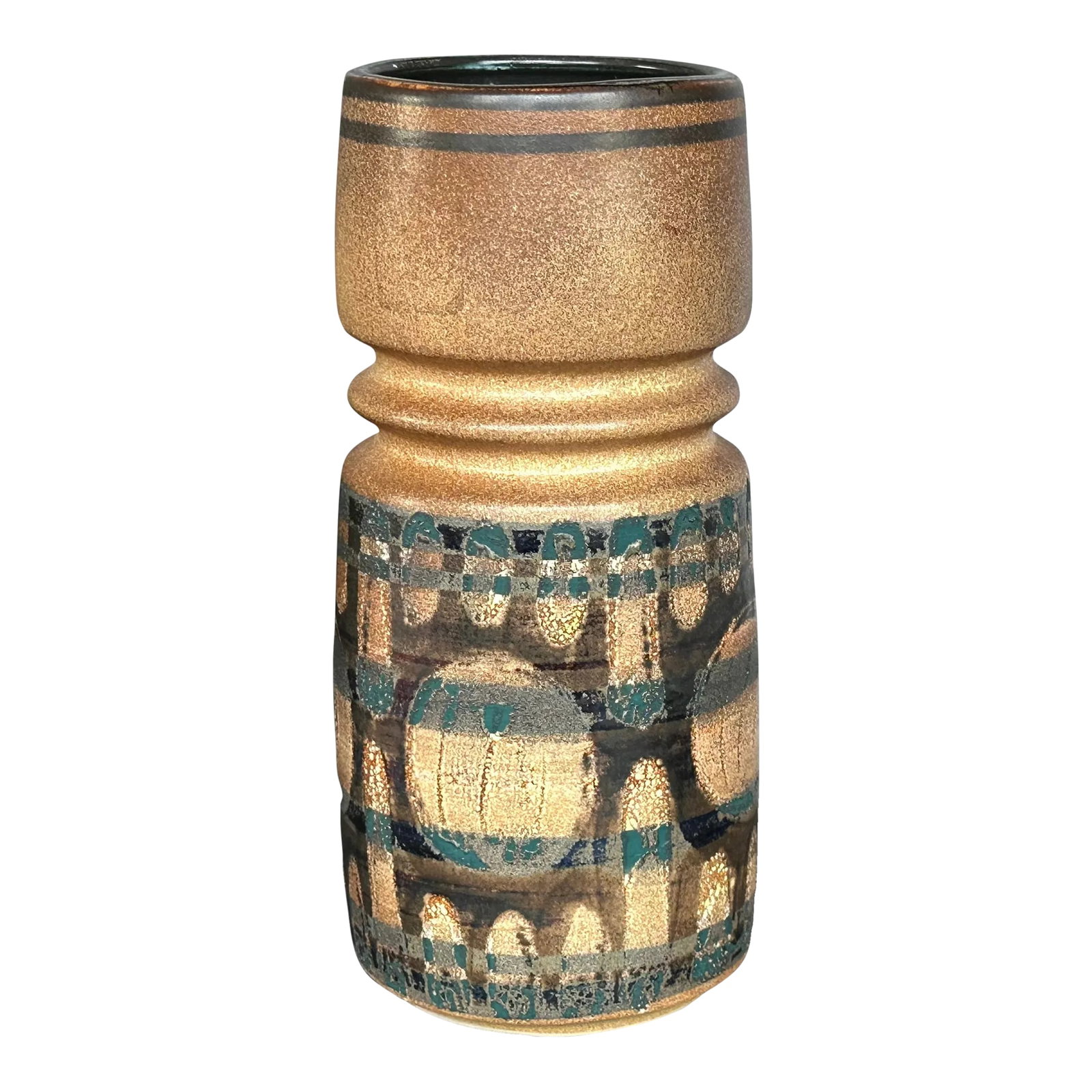 Lapid Israel Modern Studio Art Pottery Vase: This beautiful example of studio art ceramic made by Lapid Pottery in Israel has a hand-painted mid-century modern design. The vintage art pottery vase is signed by the artist Sarah. Founded during th