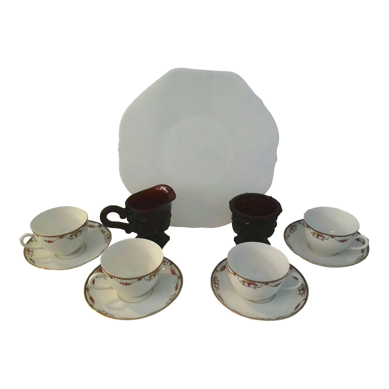 Vintage Rose Floral Breakfast/Dessert Set, 11 Pcs: Lovely nicely matched breakfast/dessert set features four 1950s TK Thuny Czechoslovakia white porcelain teacups featuring a rose motif with black accents around perimeter and gold rims , (4.5"L x 3.5"