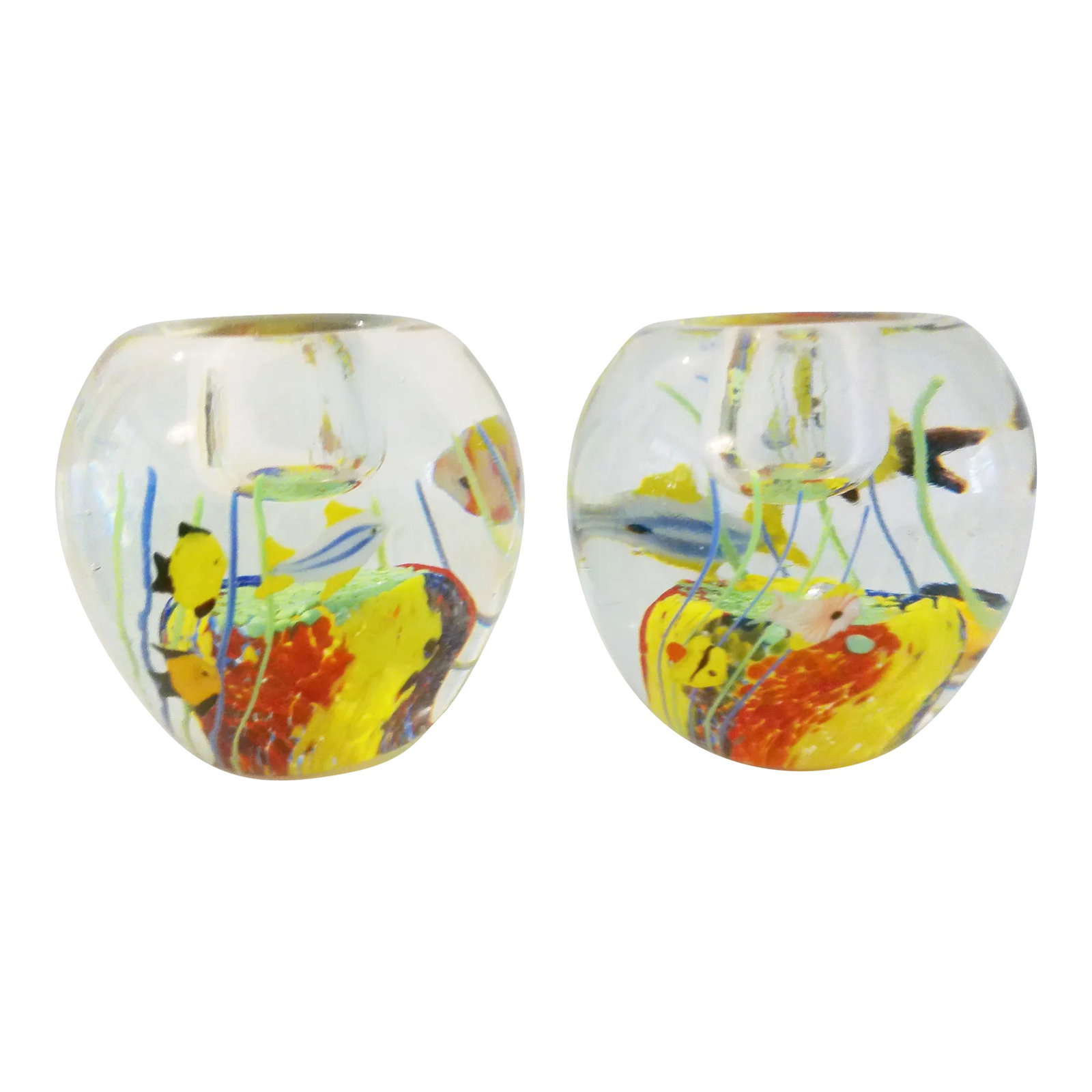 Vintage Murano Inspired Aquarium Candle Holders, a Pair: Vibrant pair of vintage clear Murano style thick art glass candle holders featuring colorful tropical fish and sea botanicals as if in an aquarium. Each holds one taper candle. Condition: