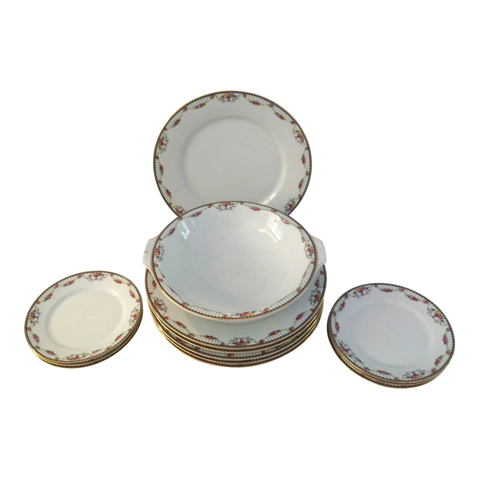 1950s Tk Thuny Czechoslovakia Floral Porcelain Dinnerware, 13 Pcs: Lovely service for six TK Thuny Czechoslovakia dinnerware set. Beautiful white fine porcelain featuring a delicate pink motif with black accents and gold rims around perimeter. Set consists of six