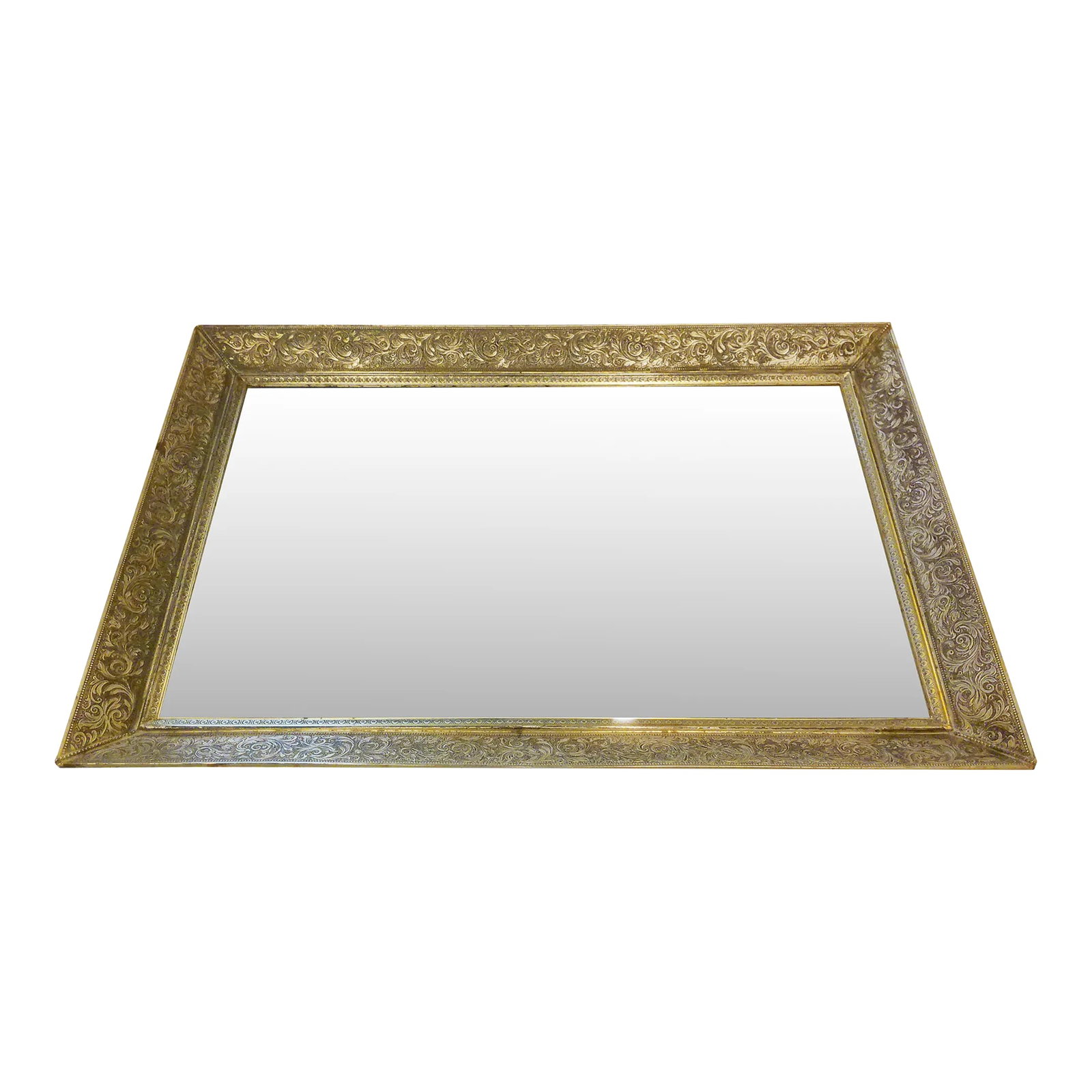 Vintage Gold Tone Scroll Mirrored Vanity Tray: Glamorous mid-century, rectangular shaped, mirrored vanity tray featuring a metal, gold-tone, scroll design gallery. Condition: Alterations: Original Condition Unaltered Imperfections: Some