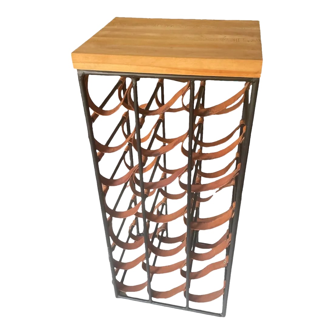 1960s Wrought Iron and Leather Wine Bottle Holder: Believed to be an Arthur Umanoff design. Sturdy black wrought iron with leather 21 - bottle holder. Offers a butcher block top for serving. Condition: Alterations: Original Condition Unaltered