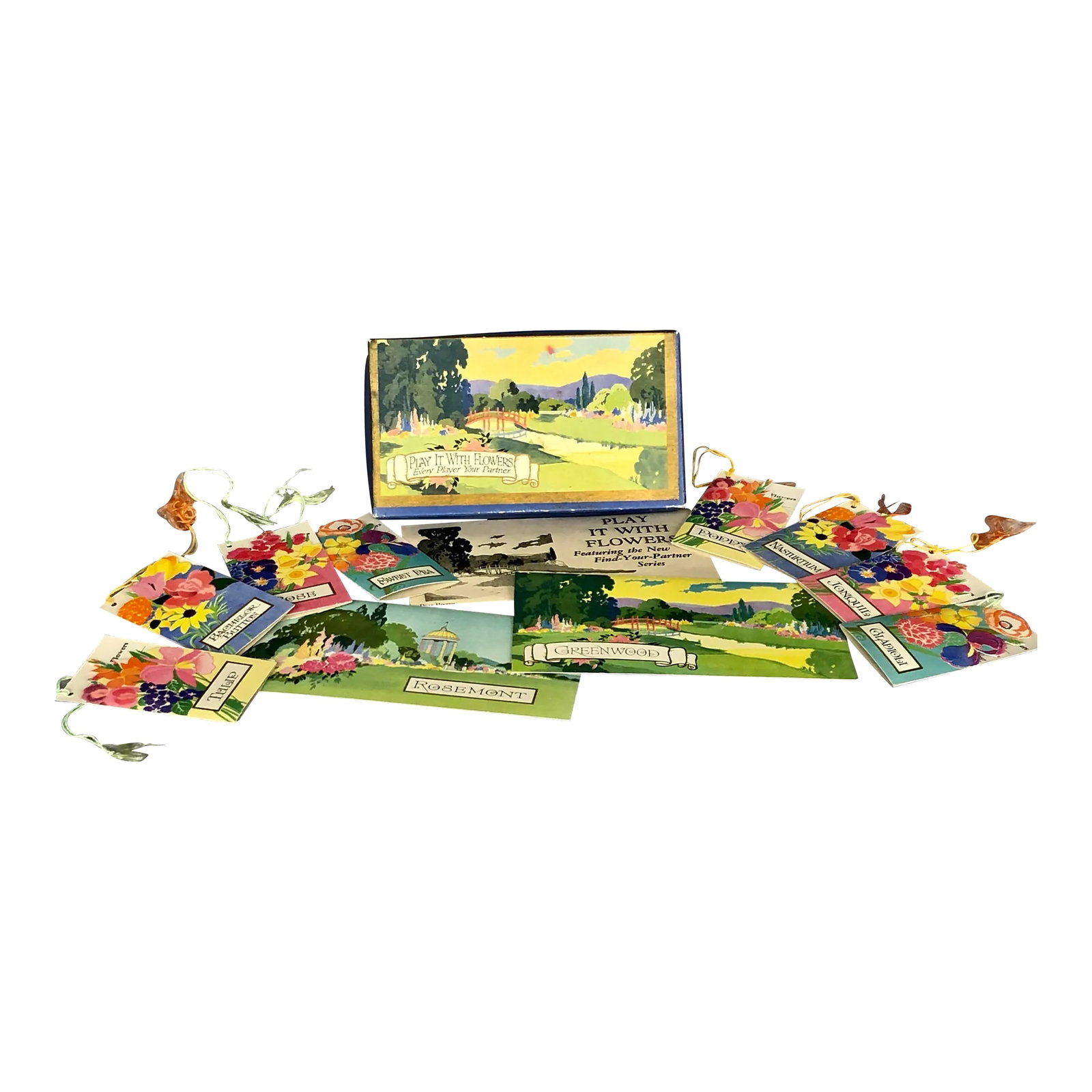 1920s Art Deco Bridge Game Tally Set: This complete Chas A Clark Buzza Every Player Your Partner bridge game tally set in its original box is a fabulous find vintage! Produced in the 1920s, the bridge game set is beautiful. It has a