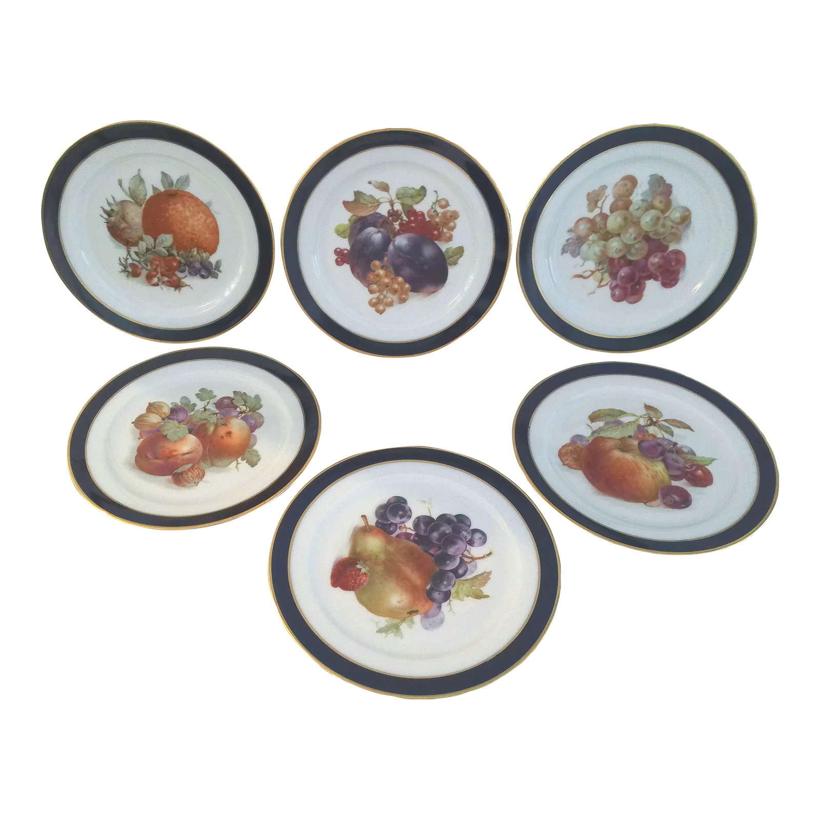 1970s Heinrich Germany Fruit Motif Dessert/Display Plates, Set of 6: Beautiful set of six Heinrich Germany porcelain dessert/bread/salad plates featuring a different vibrant fruit motif in center with navy and gold rims. Lovely also for display. These navy border