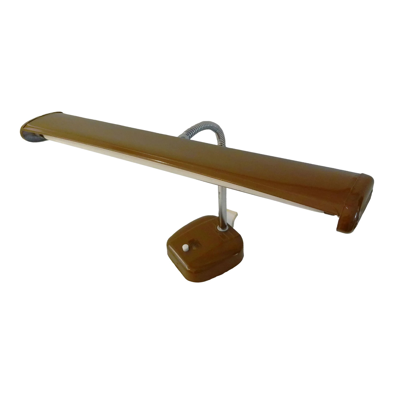 Mid-Century Brown Airplane Desk Lamp: Cool mid-century brown portable desk lamp with adjustable stainless-steel neck. Takes one fluorescent bulb - included. Push-button base. Original wiring in working condition. Lamp light measures