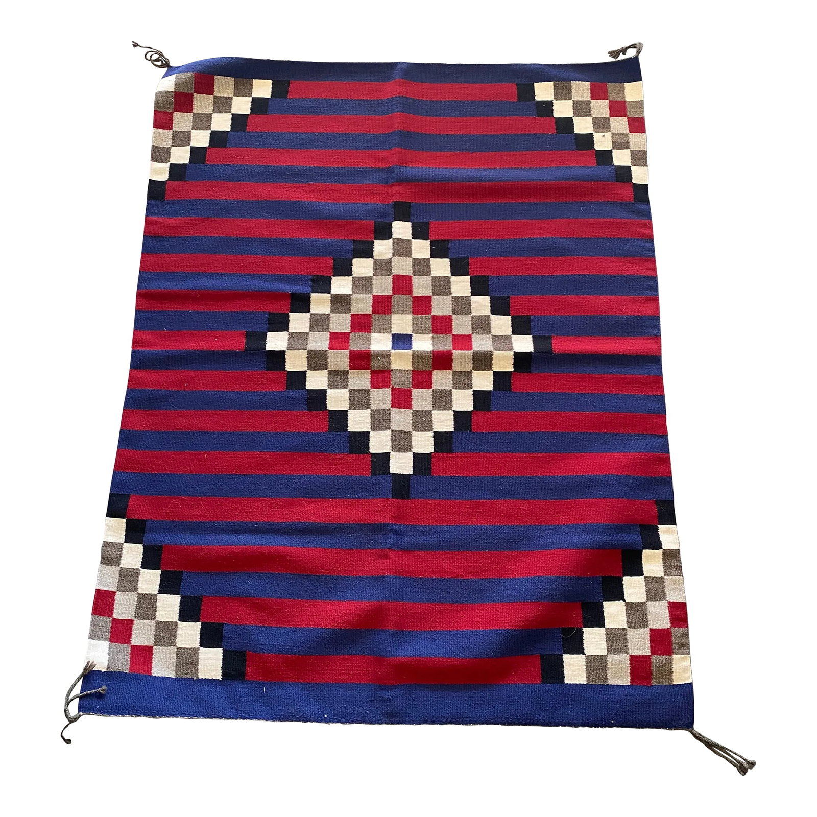 Vintage Hand Woven Wool Navajo Style Tapestry: Beautiful handwoven Navajo style tapestry. This unique wall rug in red, white and blue comes with an added feature to slide a rod through for safe hanging. This gorgeous piece will brighten up your