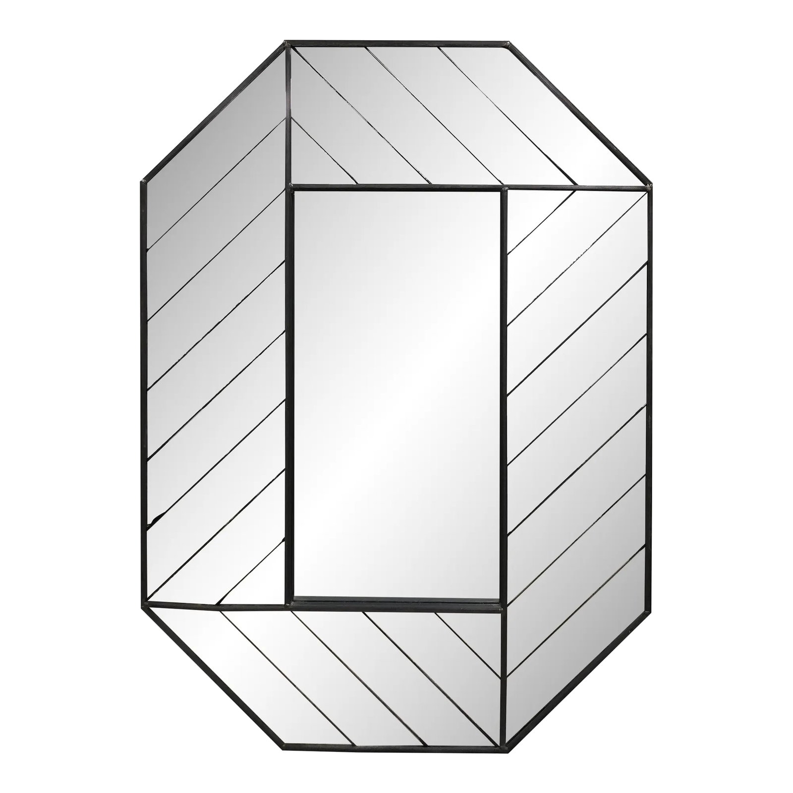 Retro Carver's Guild Mirror With Leaded Herringbone Pattern, "Signed" by Artist: Very cool retro-style mirror design by Artist Carol Canner for the Carver's Guild. This is model #8034 which is a leaded plate glass mirror in an elongated octagonal frame, with a recessed center