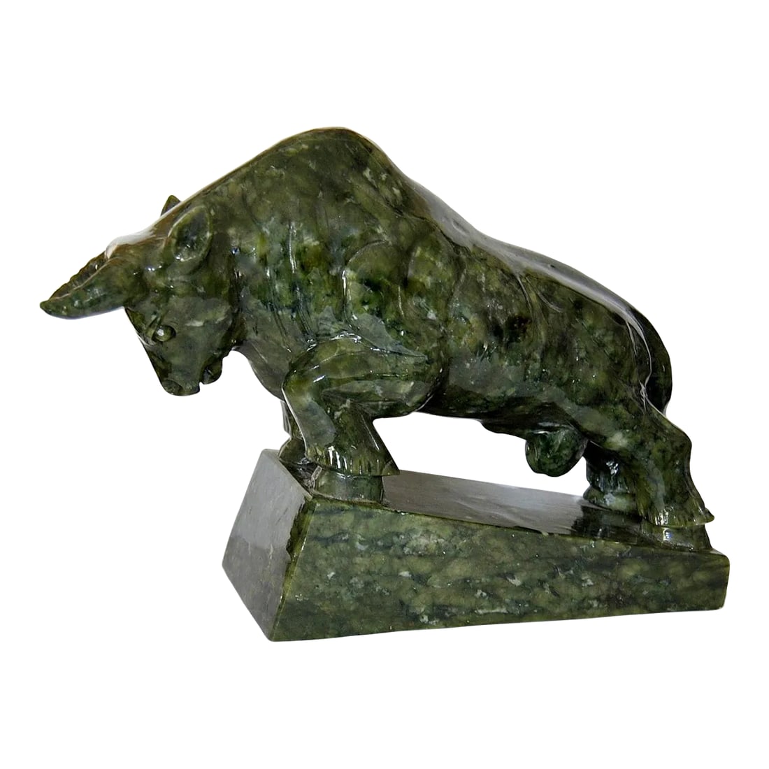 1930s Spinach Jade Charging Bull Oxen Statuette Figurine on Pedestal: Spinach Jade Charging Bull Oxen Sculpture Statuette Figurine on Pedestal. Fabulous piece of Chinese art ornately carved from one piece of natural gemstone. Charging bull is the symbol of financial