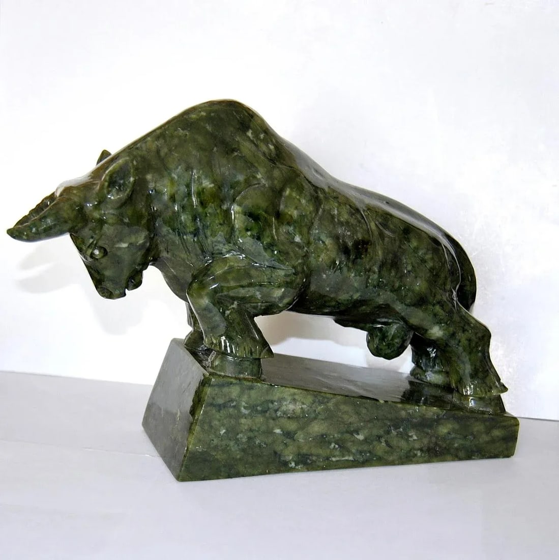 1930s Spinach Jade Charging Bull Oxen Statuette Figurine on Pedestal - 2