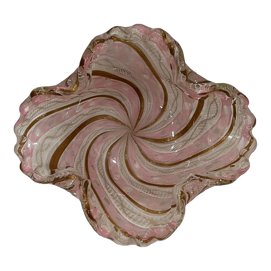 1950s Salvati Murano Pink Latticino Ribbon Ruffled Bowl or Catchall: In excellent vintage condition, I am pleased to be able to offer this spectacular Salviati Murano art glass bowl with ruffled edges for your consideration! Featuring the elaborate and elegant ribbon