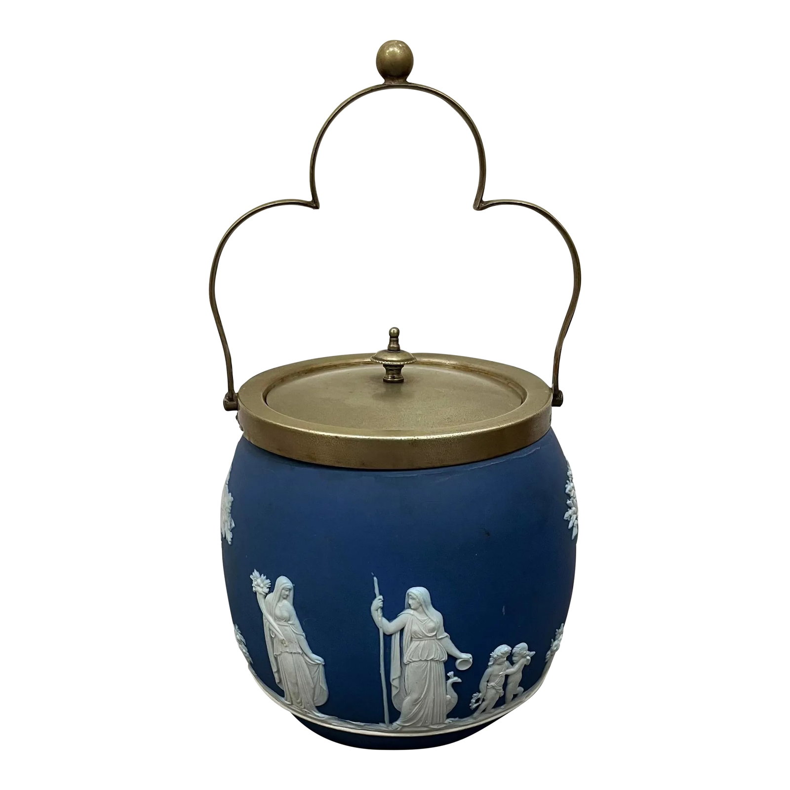 Mid 19th Century Wedgwood Cobalt Jasperware Biscuit Jar: Beautiful piece of history to add to your collection, our Wedgwood jasperware biscuit jar is dated late 1800s by the stamp on the bottom; specifically 1865- 1890. After that time, England (later,