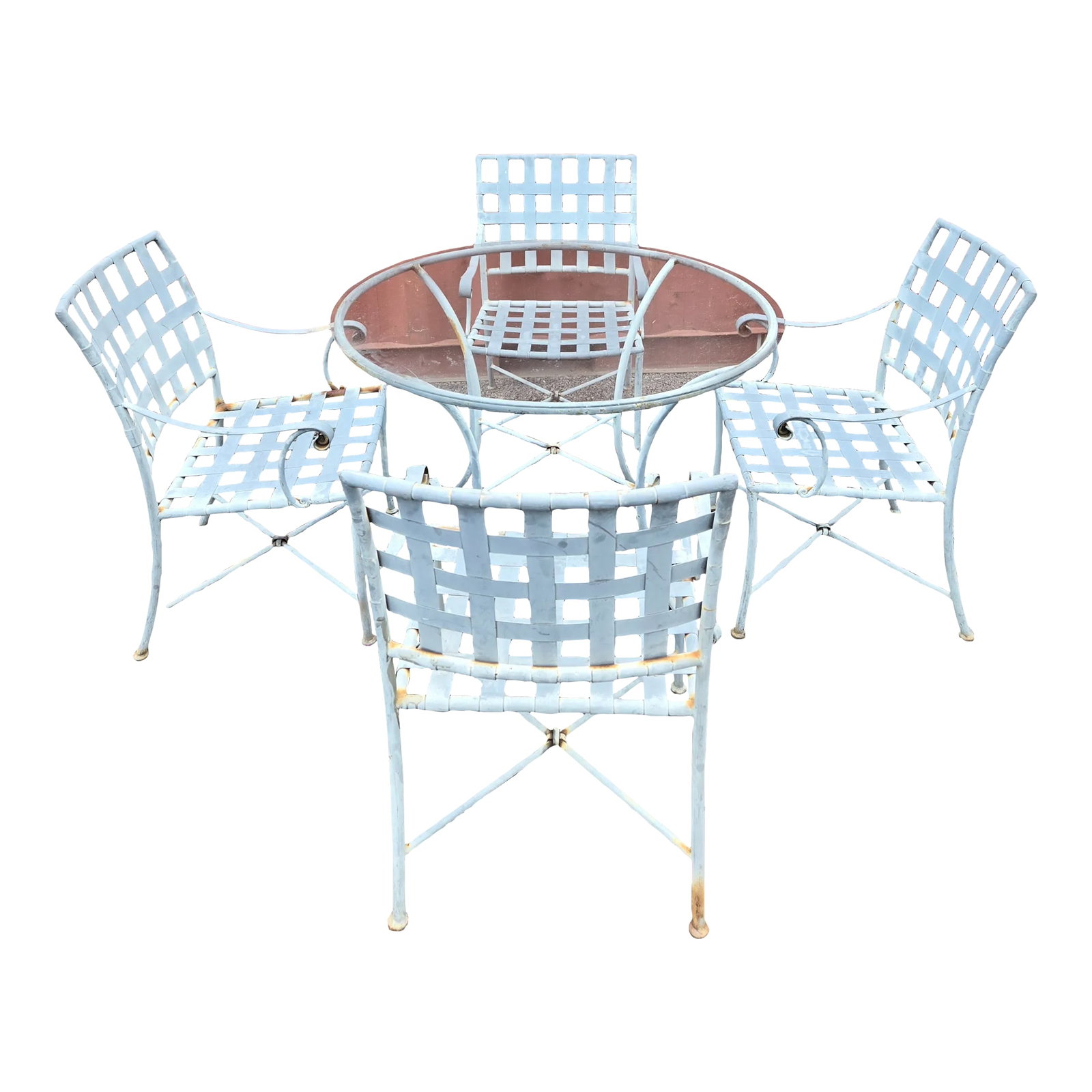 Vintage Wrought Iron Outdoor Dining Table & 4 Chairs: This vintage wrought iron patio furniture set in the style of Brown Jordan is perfect for your outdoor deck, garden, or patio. The table seats 4 are comfortable and perfect to relax in poolside.