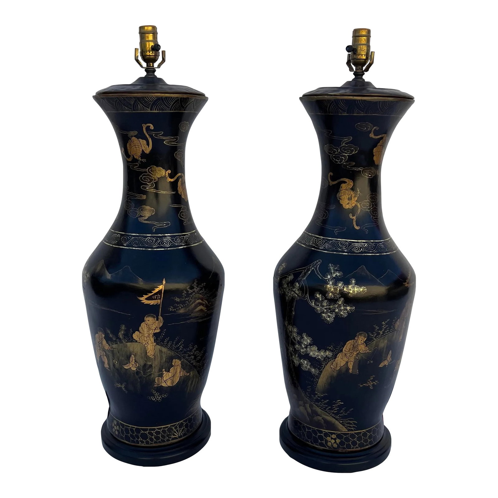 Pair 1970s Large Chinoiserie Papier-Mache Table Lamps (1 of 7)