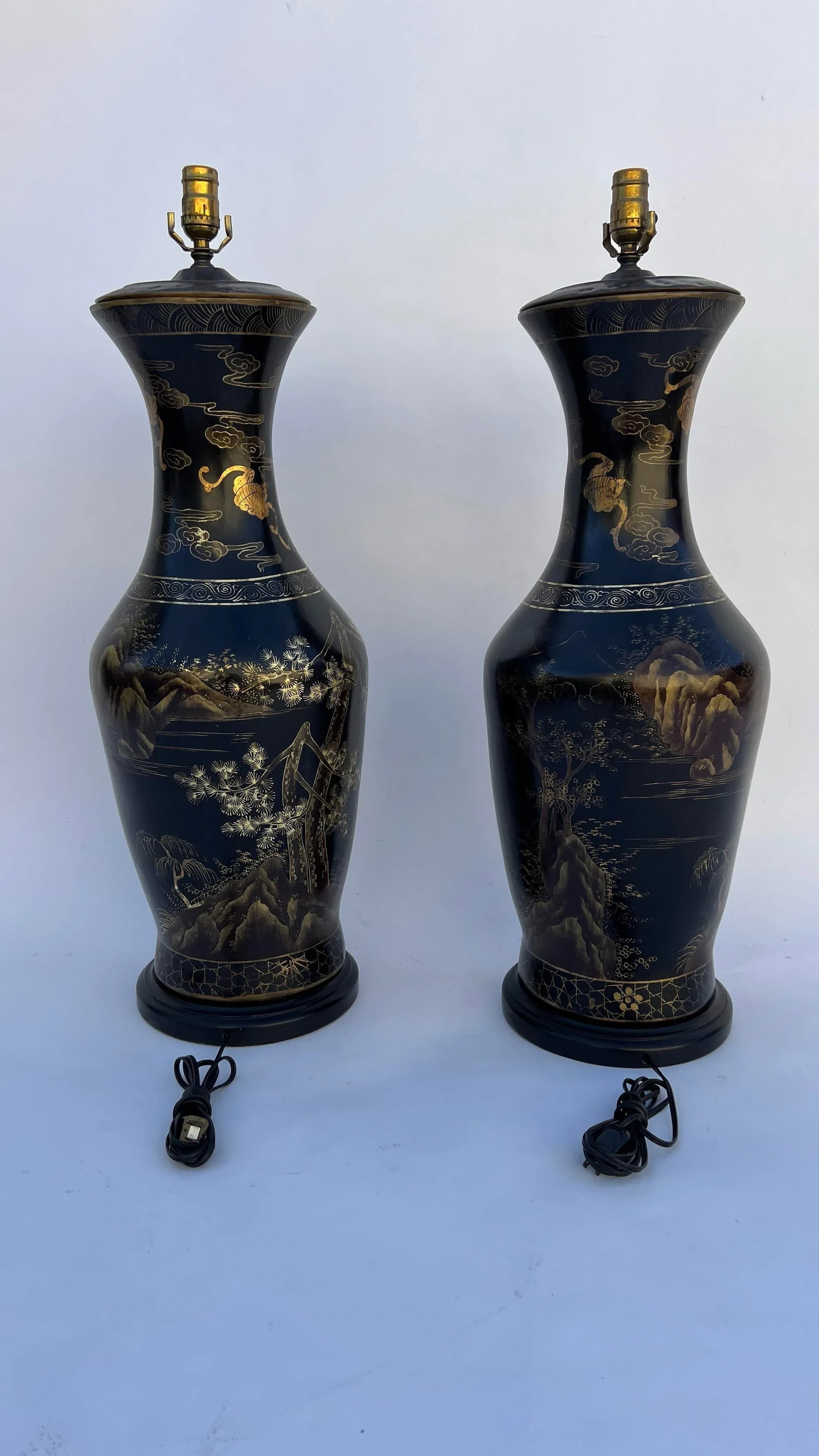 Pair 1970s Large Chinoiserie Papier-Mache Table Lamps - 2