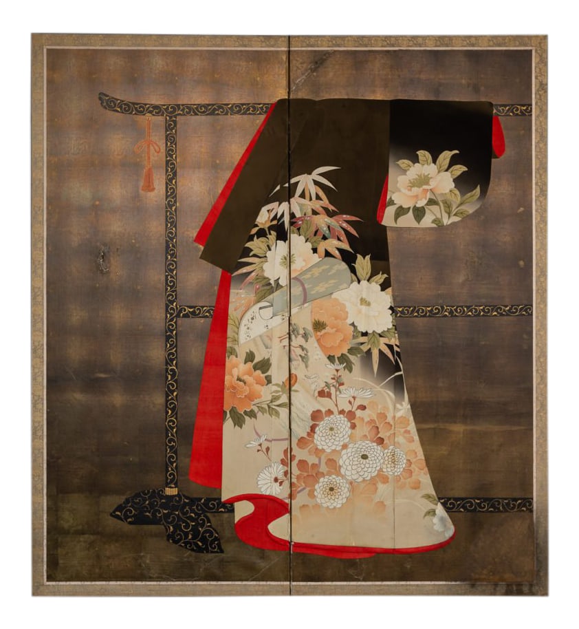 1920s Vintage Japanese Two Panel Kimono Screen: Japanese Two Panel Screen: Kimono on Rack Kimono fabric applied to silver ground and painted kimono rack. Robe decorated in peony, chrysanthemum, bamboo, and a scroll. Item #: S1636 Condition: