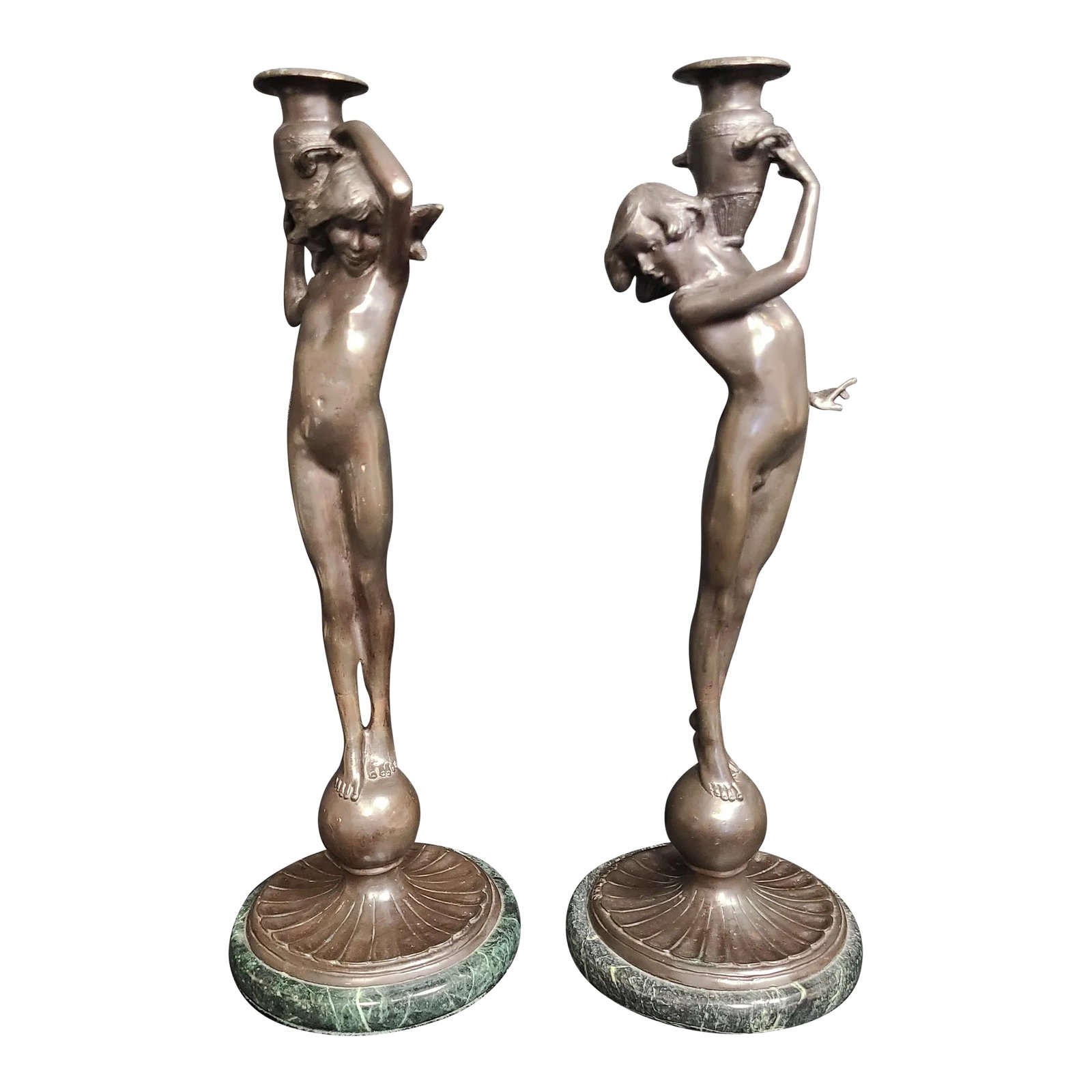 1910s Edward McCartan Bronze Sculpture Art Nudes on Marble Base Candlestick Holders- a Pair: Edward McCartan (1879-1947) was an American sculptor known for his decorative art deco bronzes popular throughout the 1920s. This elegant pair of signed art nude bronzes feature a boy and girl each ba