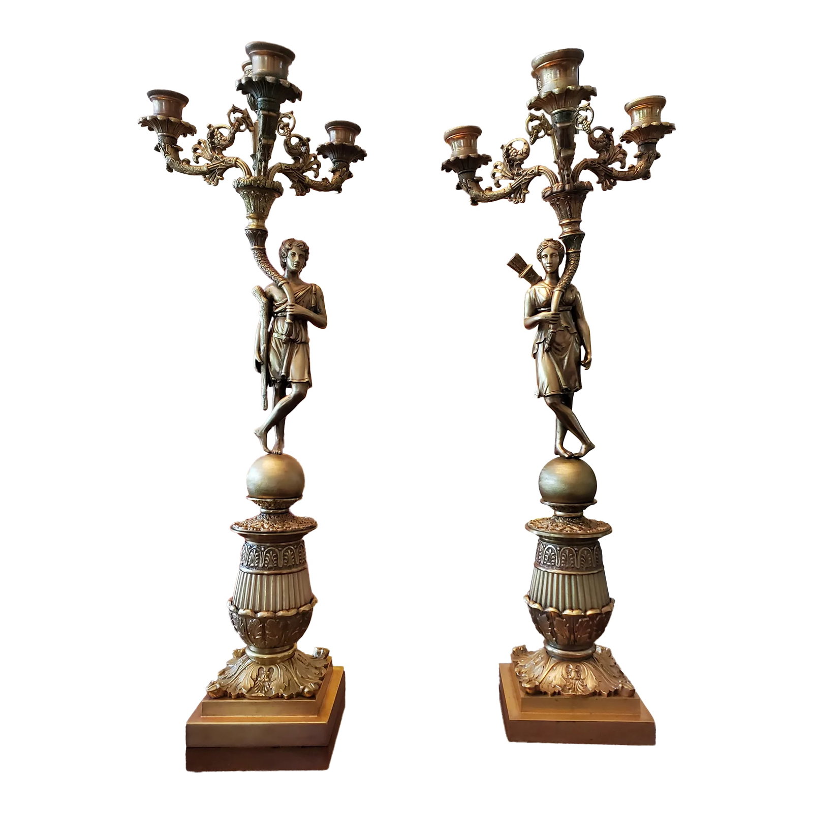 Antique French Empire Ormolu Gilt Gold Candleabras- Set of 2: A very fine antique pair of French Empire bronze gilt gold ormolu figural candleabra. Absolutely first quality casting bronze ( see the details on each face with correct crisp clear outline of the eye