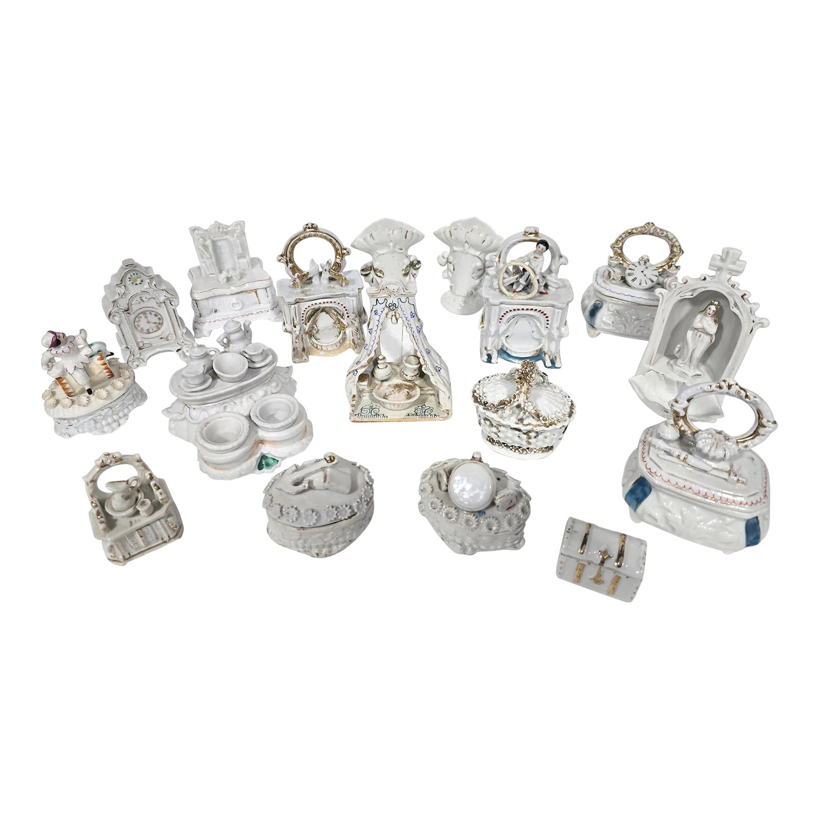 Mid 19th Century Victorian Conta & Boehme German Porcelain Fairing Boxes - Set of 15: A very rare collection of fifteen original antique mid 19th Century Victorian Conta & Boehme German Porcelain Fairing Boxes plus two Japanese reproductions (clock and box). Made of fine white porcelai