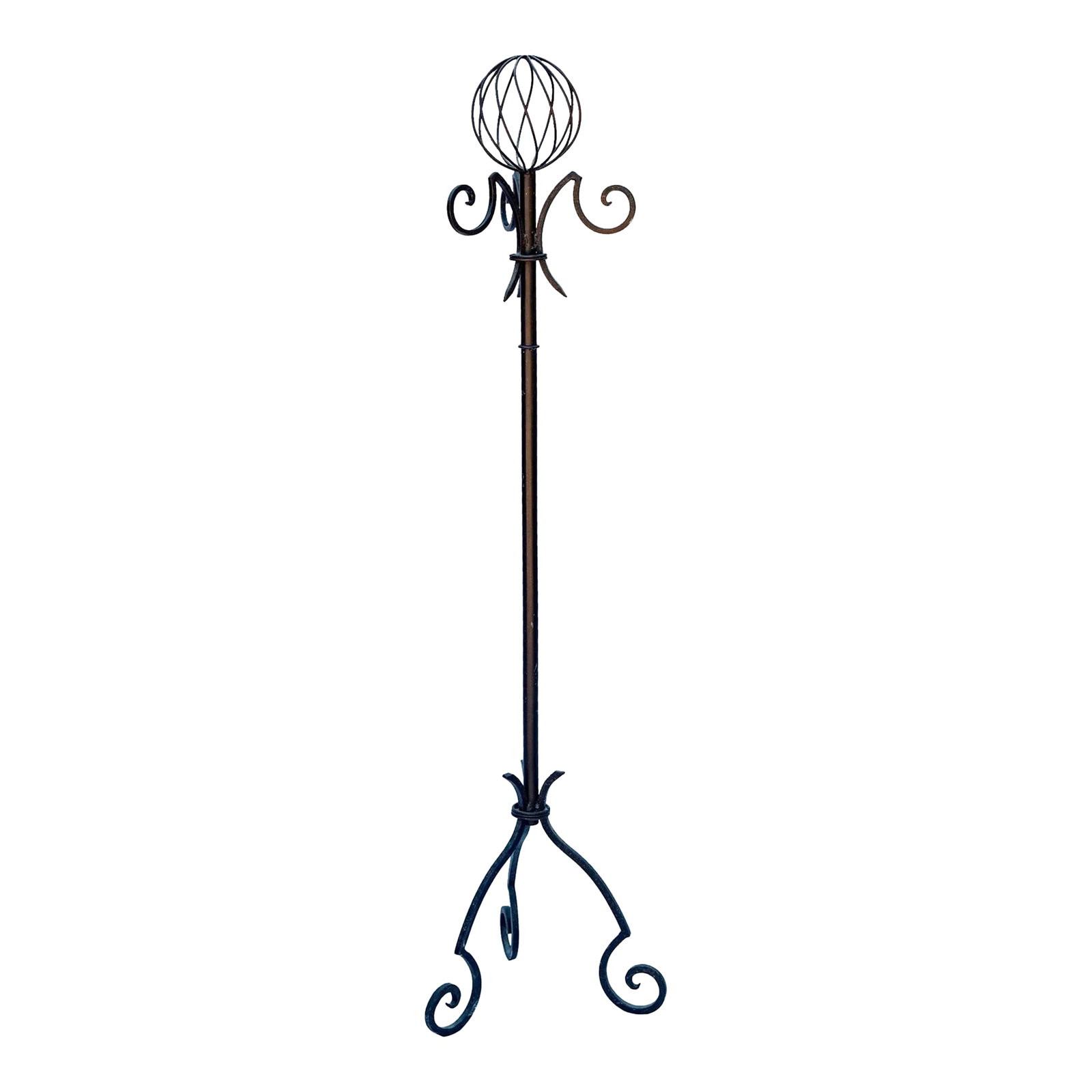 Late 20th Century Wrought Iron Hat & Coat Rack: Malibu local artisan coat & hat rack hand crafted, very study & stable. Globe top for a bevy of hats. Iron on tripod legs. Condition: Alterations: Original Condition Unaltered Imperfections: Some