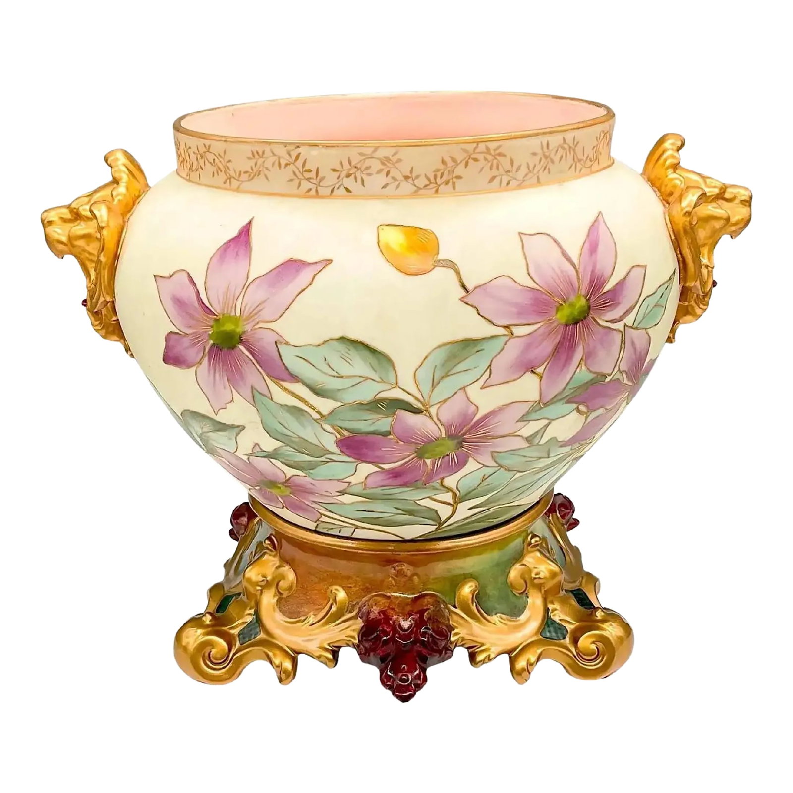 French Hand Painted & Gilt Limoges Porcelain Jardiniere / Base: Introducing a stunning Mid 20th Century French Limoges porcelain jardiniere and base set. This exquisite ensemble showcases matte porcelain decorated with hand-painted flowers in shades of purple,