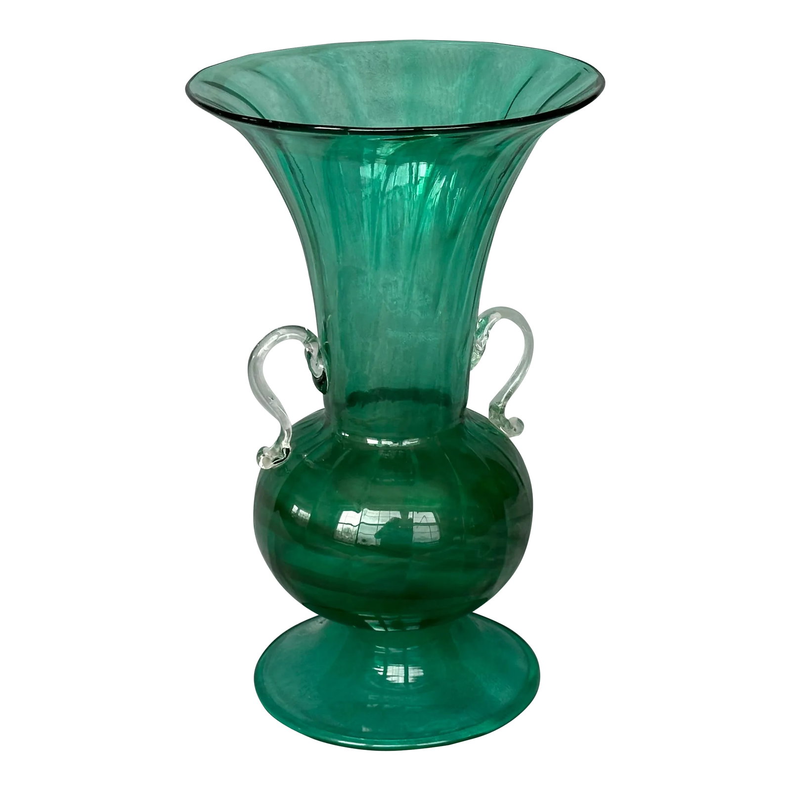 Hand Blown Italian Art Glass Vase: A stunning piece of hand blown Italian art glass, this vintage vase has a classic loutrophorus shape with subtle variations in the glass evocative of green malachite. The vintage green glass vase is