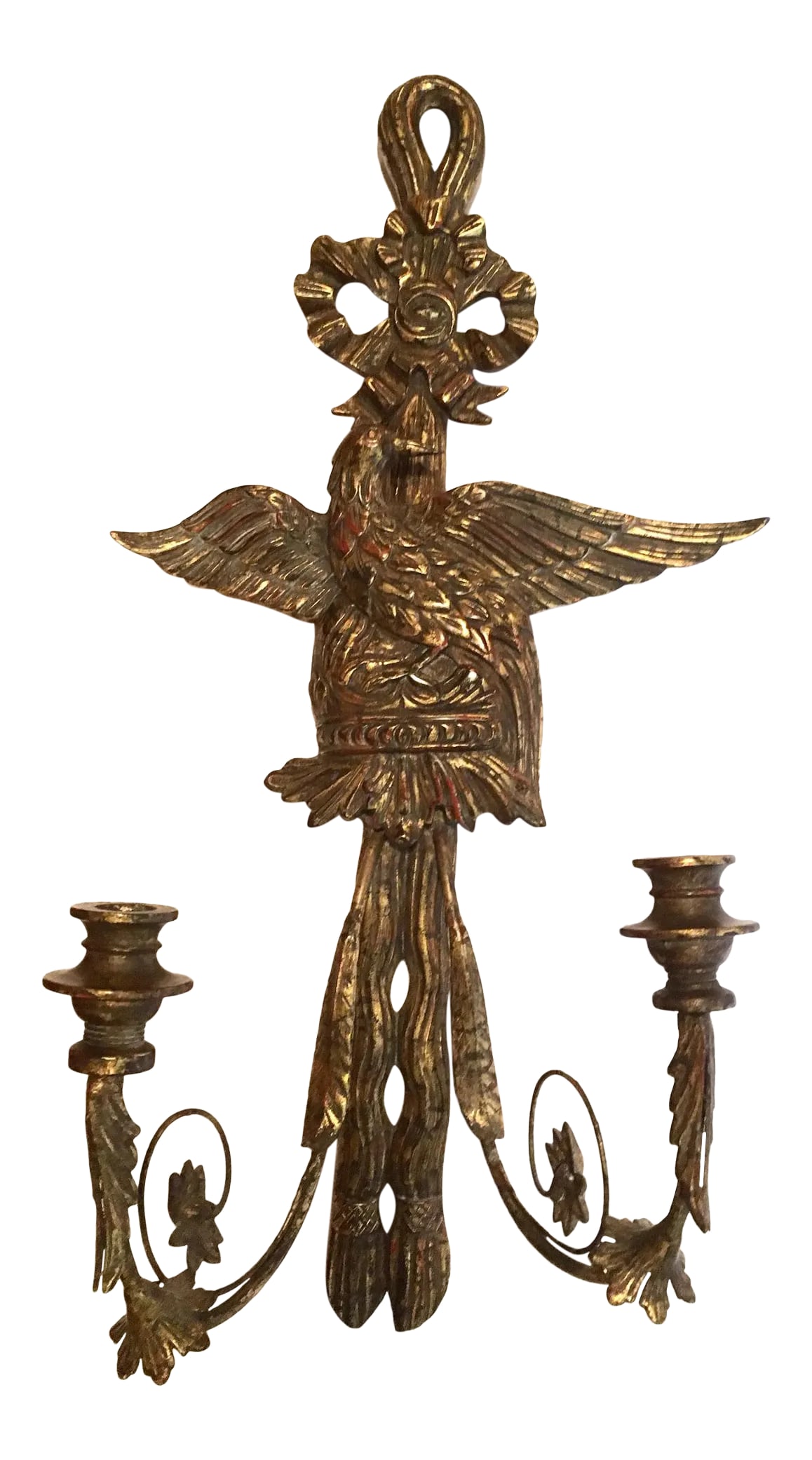 American Federal Style Eagle Wood Carved Two-Light Sconce: This wood carved and gold gilded antique sconce features a majestic eagle with spread wings beneath a tied bow. The candle arms are of patinated scrolled brass and very finely detailed with acanthus