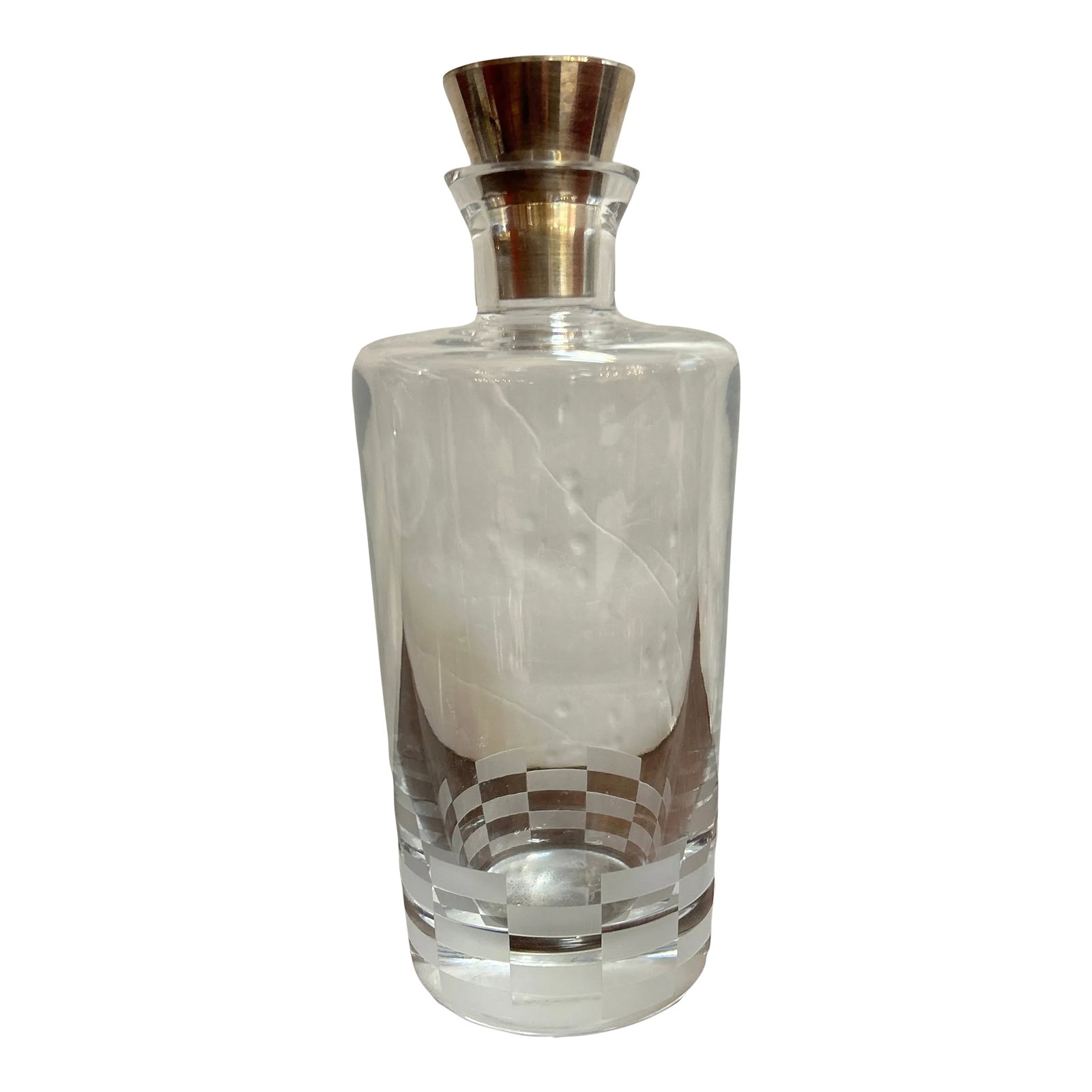 Christolfle Sterling and Crystal Etched Decanter Signed: Gorgeous Christofle crystal decanter with signed sterling stopper. This decanter has etched geometric designs near the base where it's also signed. Condition: Alterations: Original Condition