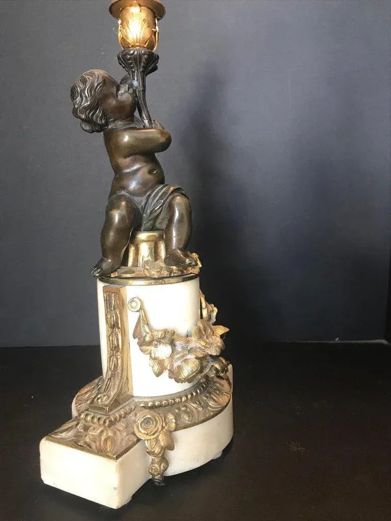 Louis XVI Style Putto Ormolu Patinated Bronze and Marble Candlestick - 10