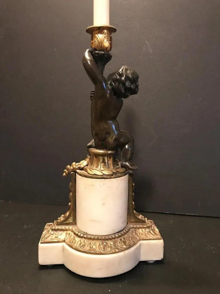 Louis XVI Style Putto Ormolu Patinated Bronze and Marble Candlestick - 12