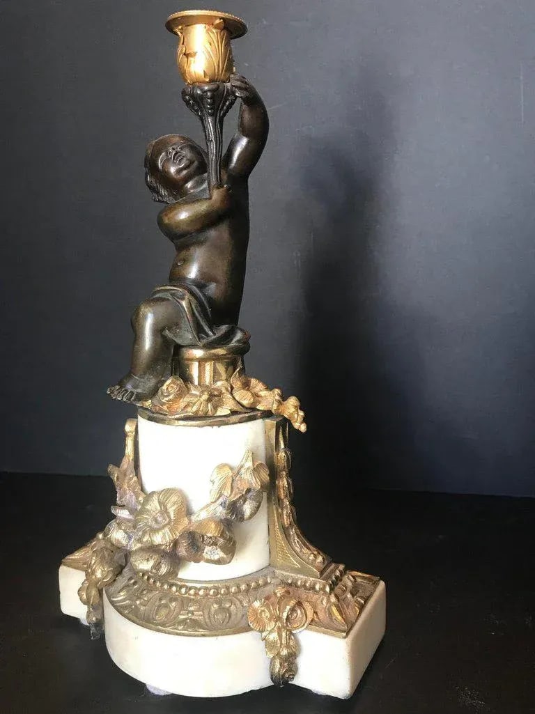 Louis XVI Style Putto Ormolu Patinated Bronze and Marble Candlestick - 13